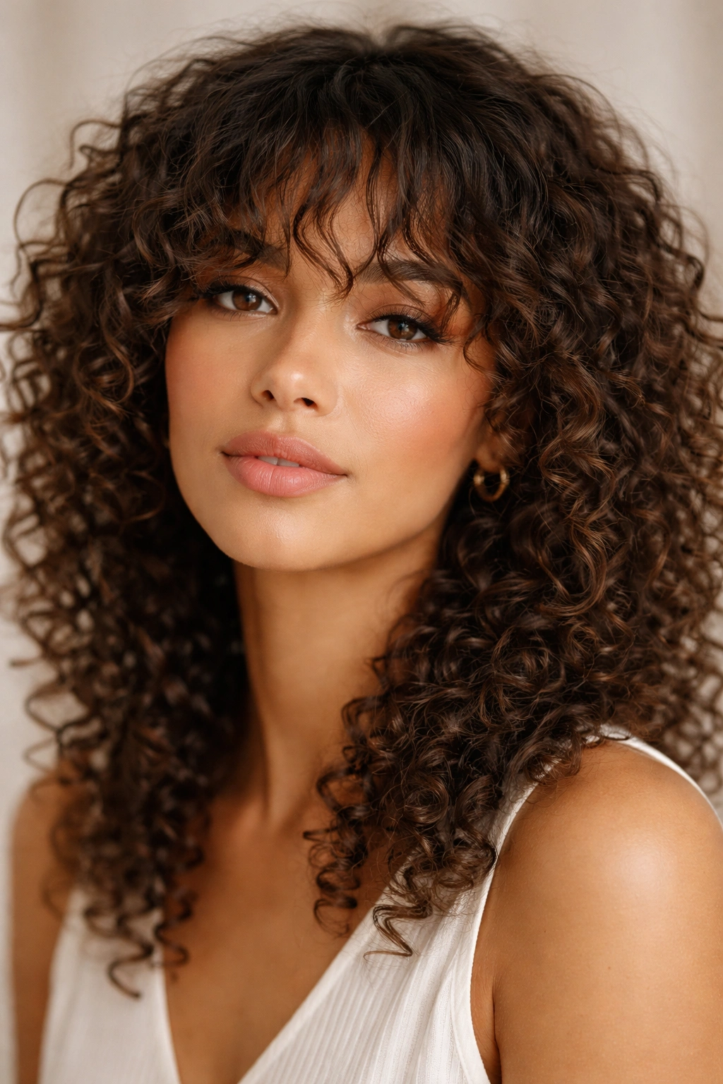 Close-up of textured wispy bangs on curly hair