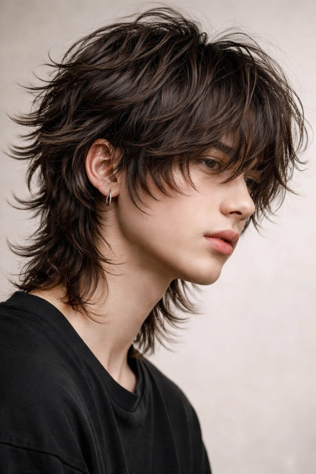 Male model with textured wolf cut showing choppy layers and volume
