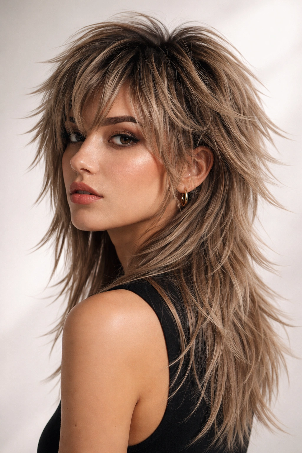 Full-head shot of a textured wolf cut with chunky, separated layers