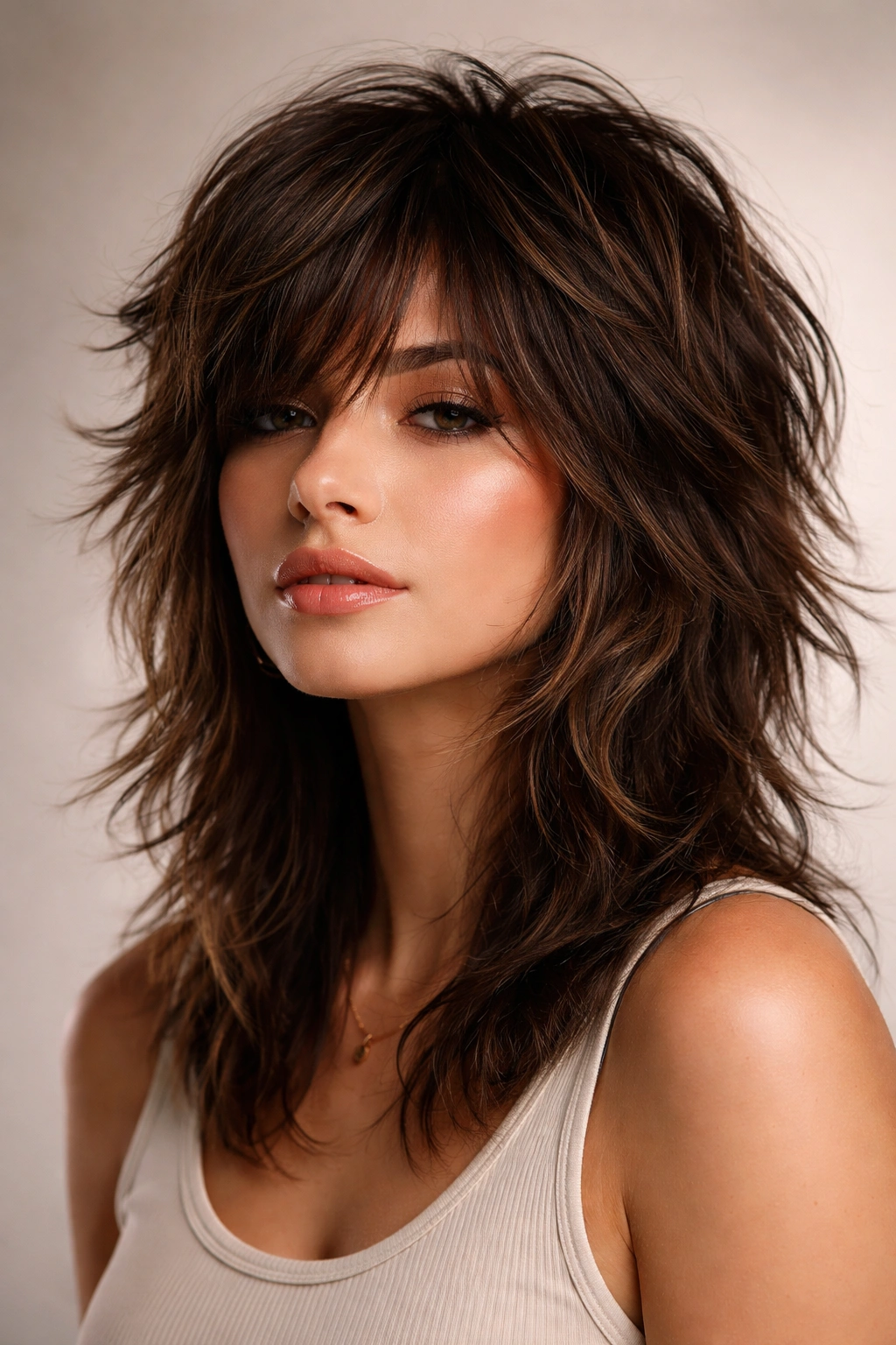 Textured wolf cut with choppy layers and movement in a studio portrait