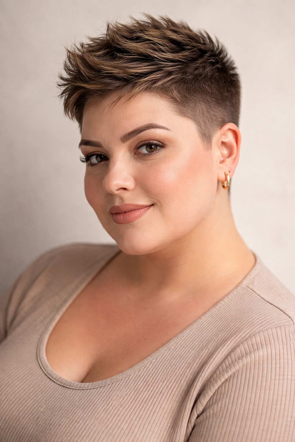 Portrait of a person with a textured crew cut, showing top texture and tapered sides.
