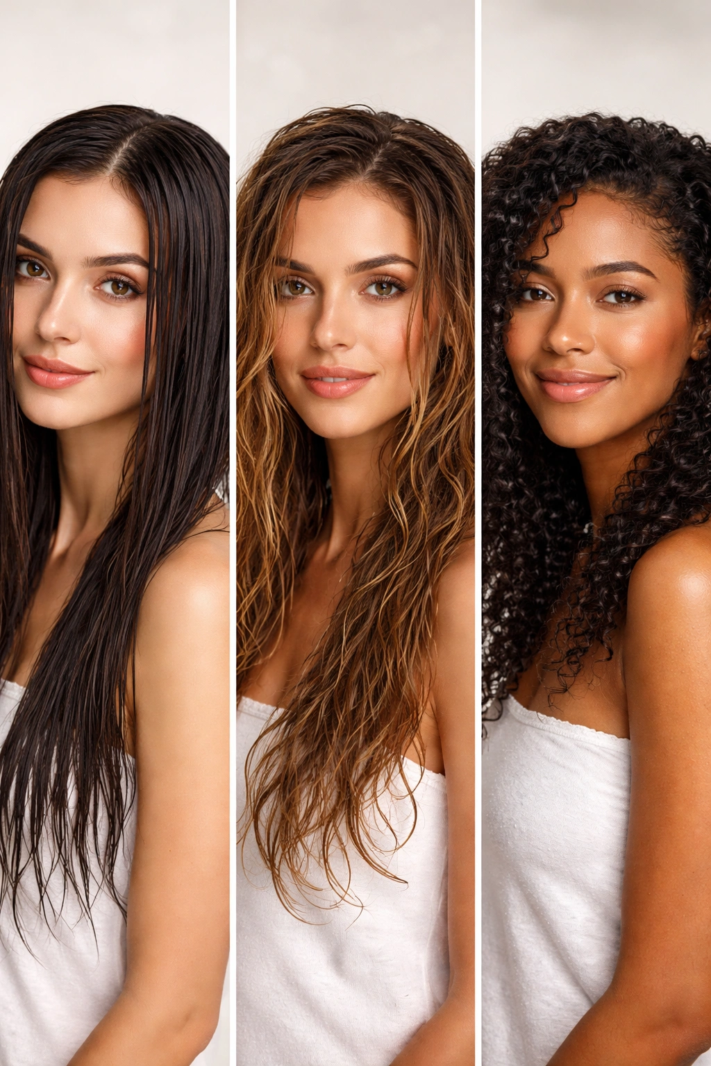 Three damp hair textures straight, wavy, curly on plain background