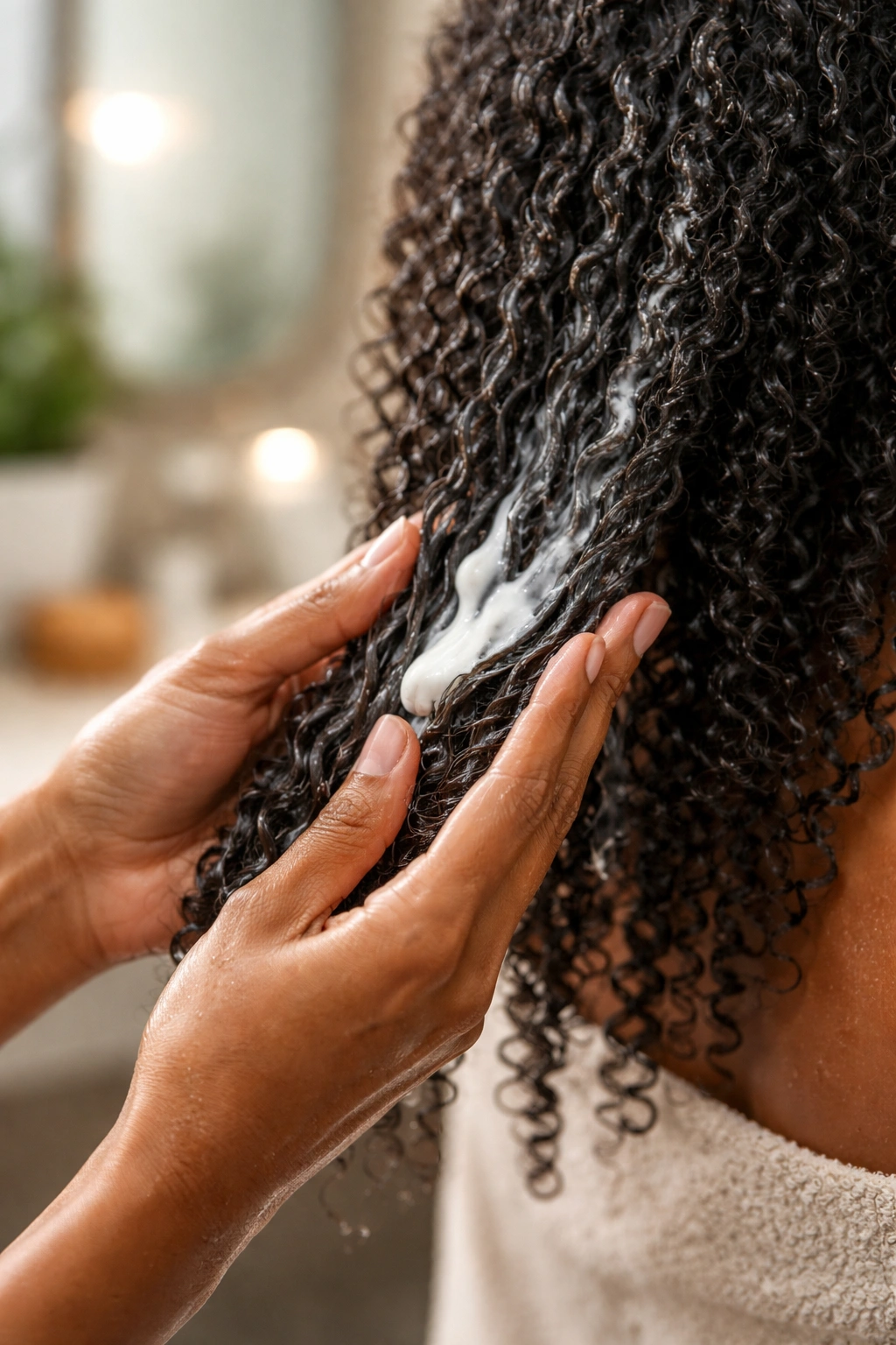 Hands applying leave-in conditioner to damp textured hair in a softly lit bathroom