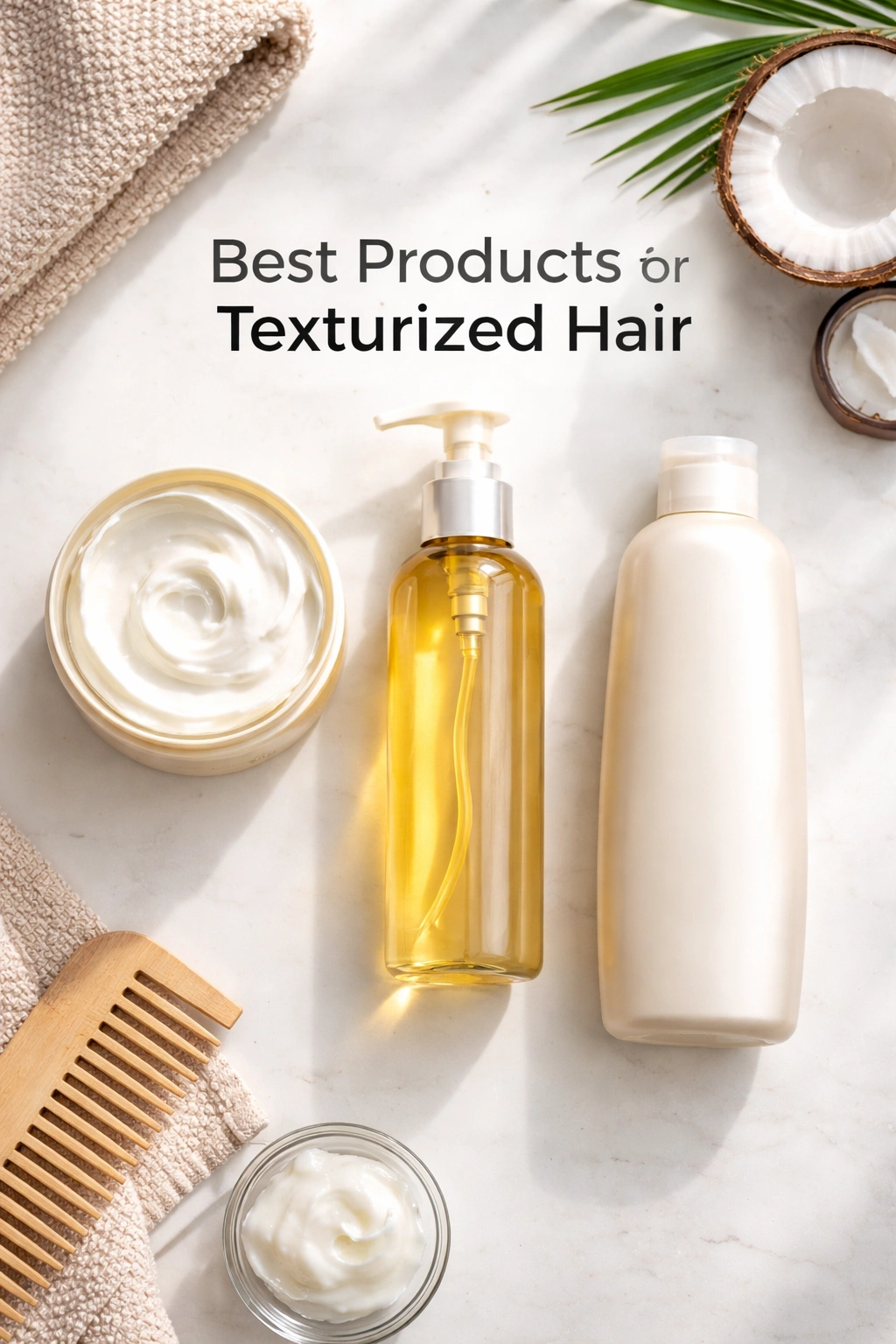 Flat lay of unlabeled hair care bottles for texturized hair