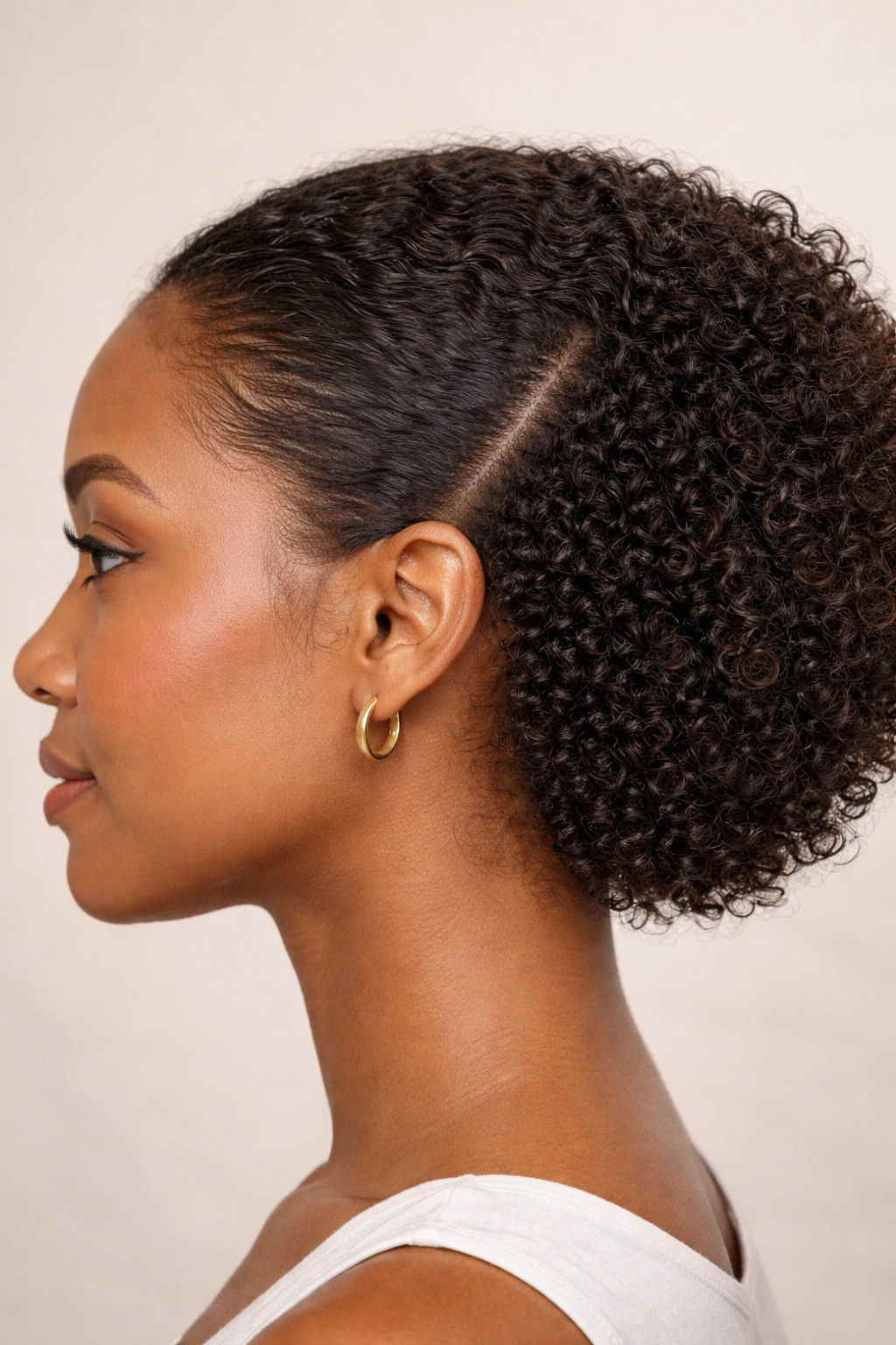 Profile view showing demarcation between texturized hair and natural growth.