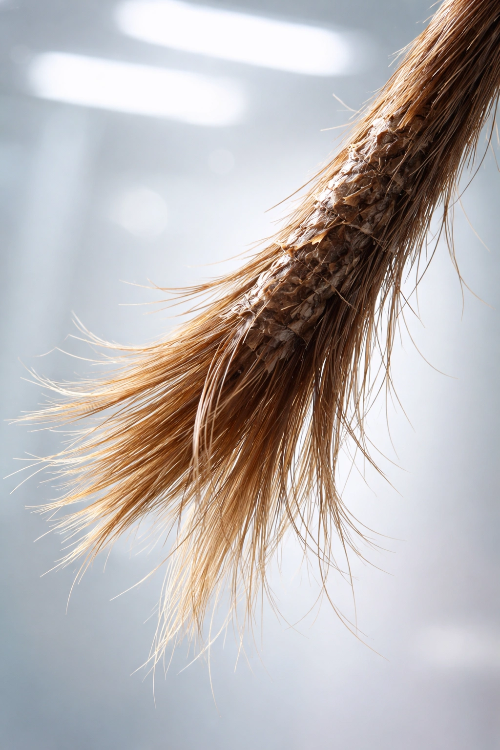 Dry, brittle hair strand illustrating potential side effects.