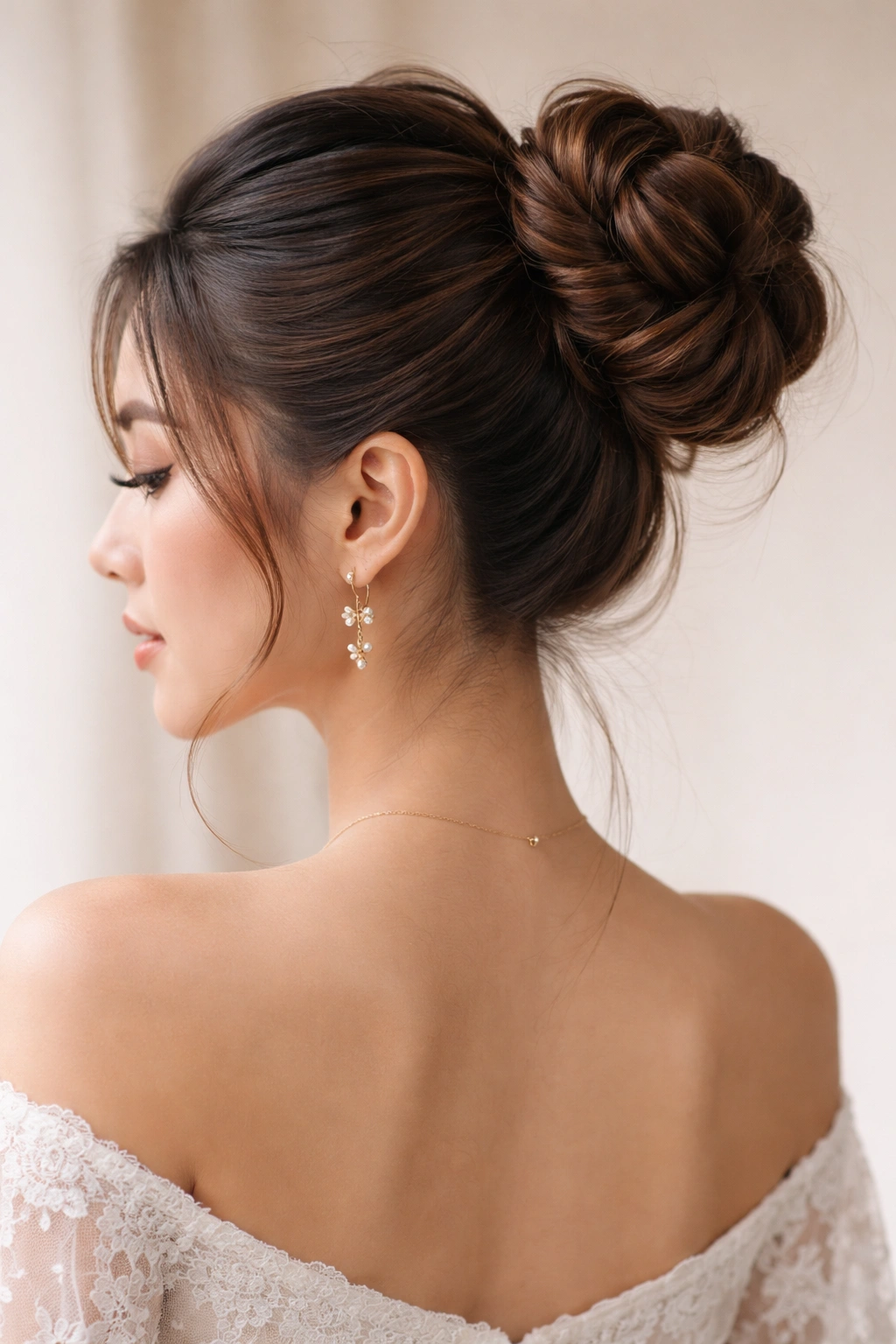 Three-quarter view of a textured twisted bun created from twisted ponytail sections