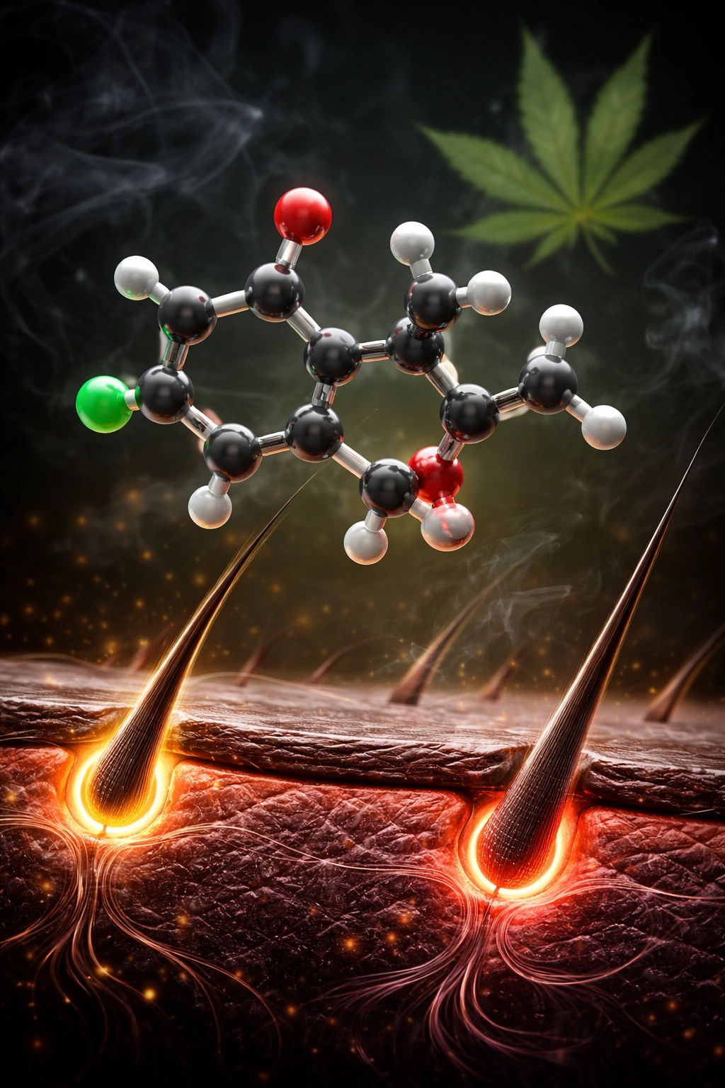 3D THC molecule model floating in dark space