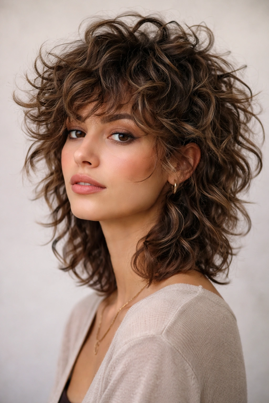 20 Short Curly Haircuts That Look Incredible 7 Close-up portrait of a person with The Tousled Shag hairstyle, featuring layered curls and movement.