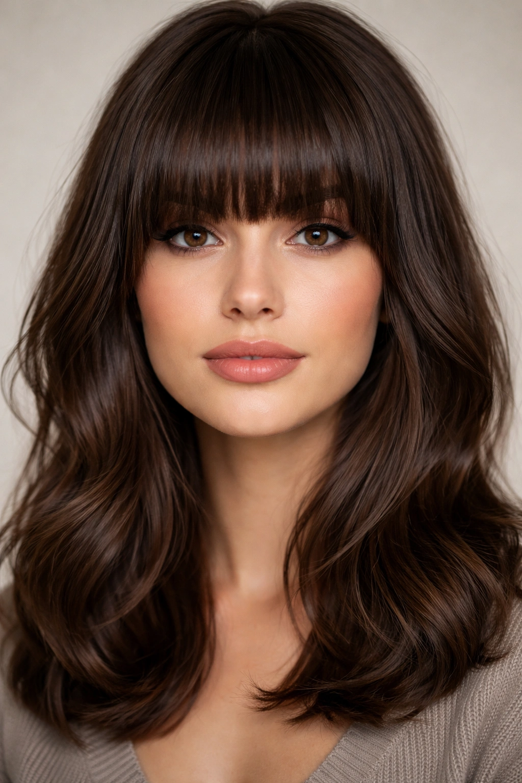 Dense, heavy bangs across the forehead