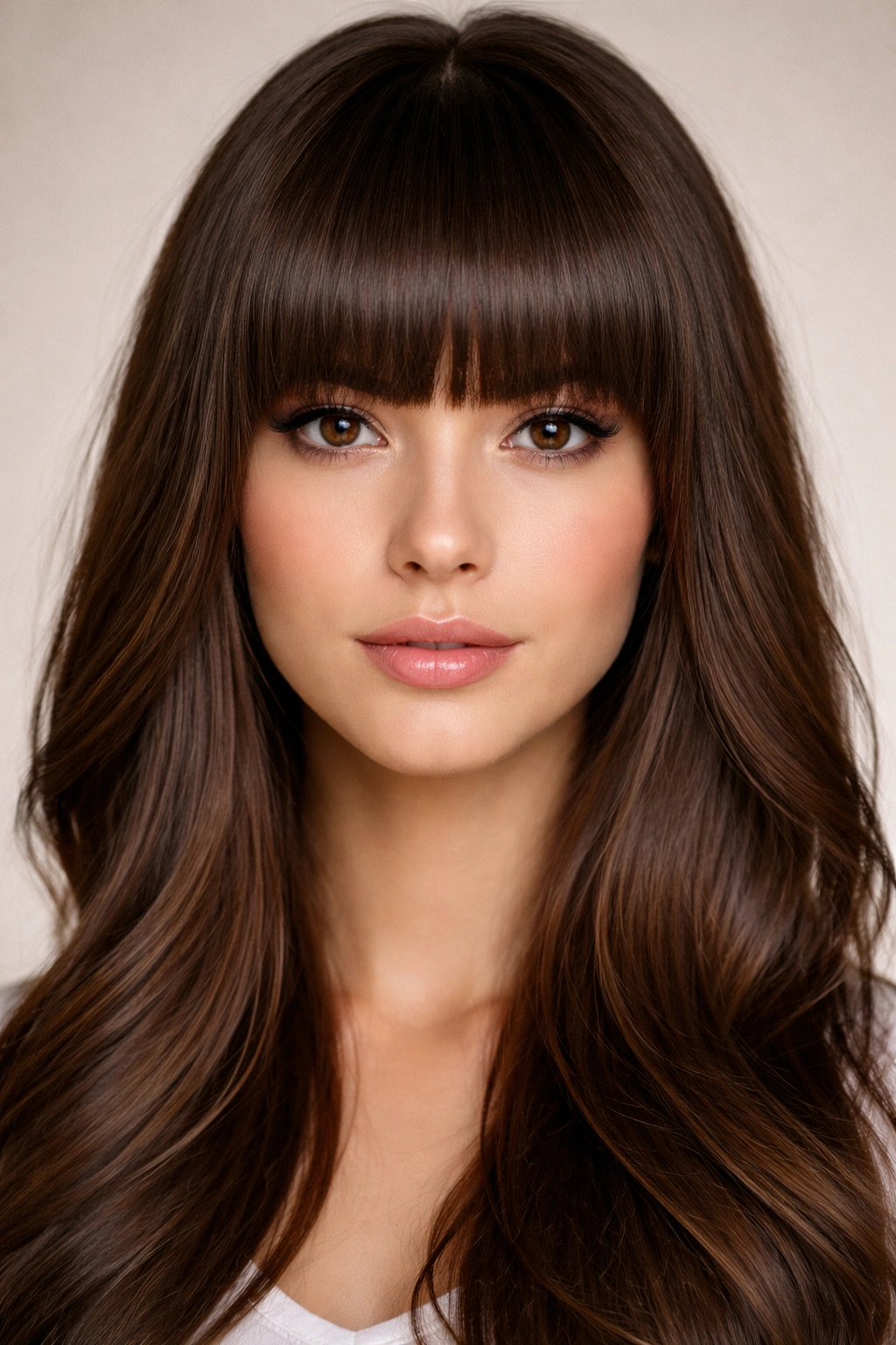 Close-up of dense thick full bangs covering the forehead