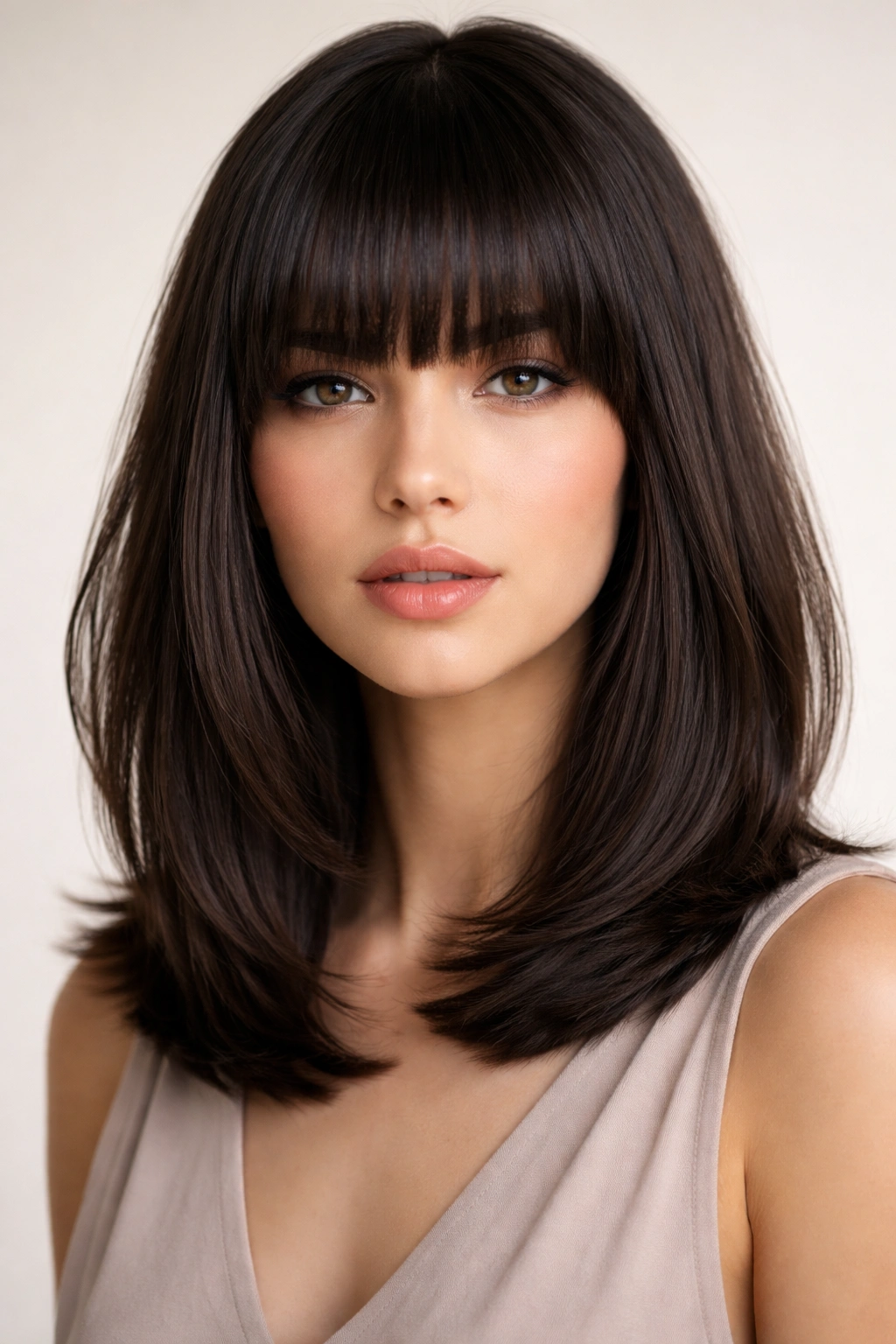 Model with thick blunt bangs and shoulder-length hair