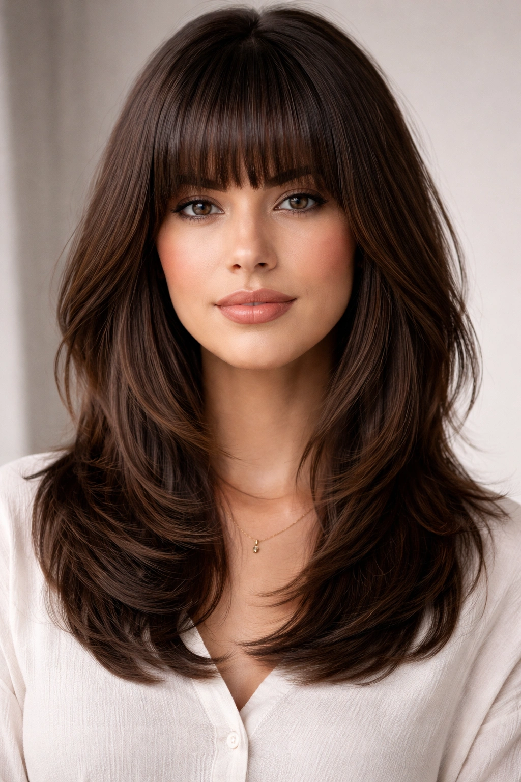 20 Medium Hairstyles With Bangs For Any Face 6 Hair with thick blunt bangs and shoulder-length layered cut.