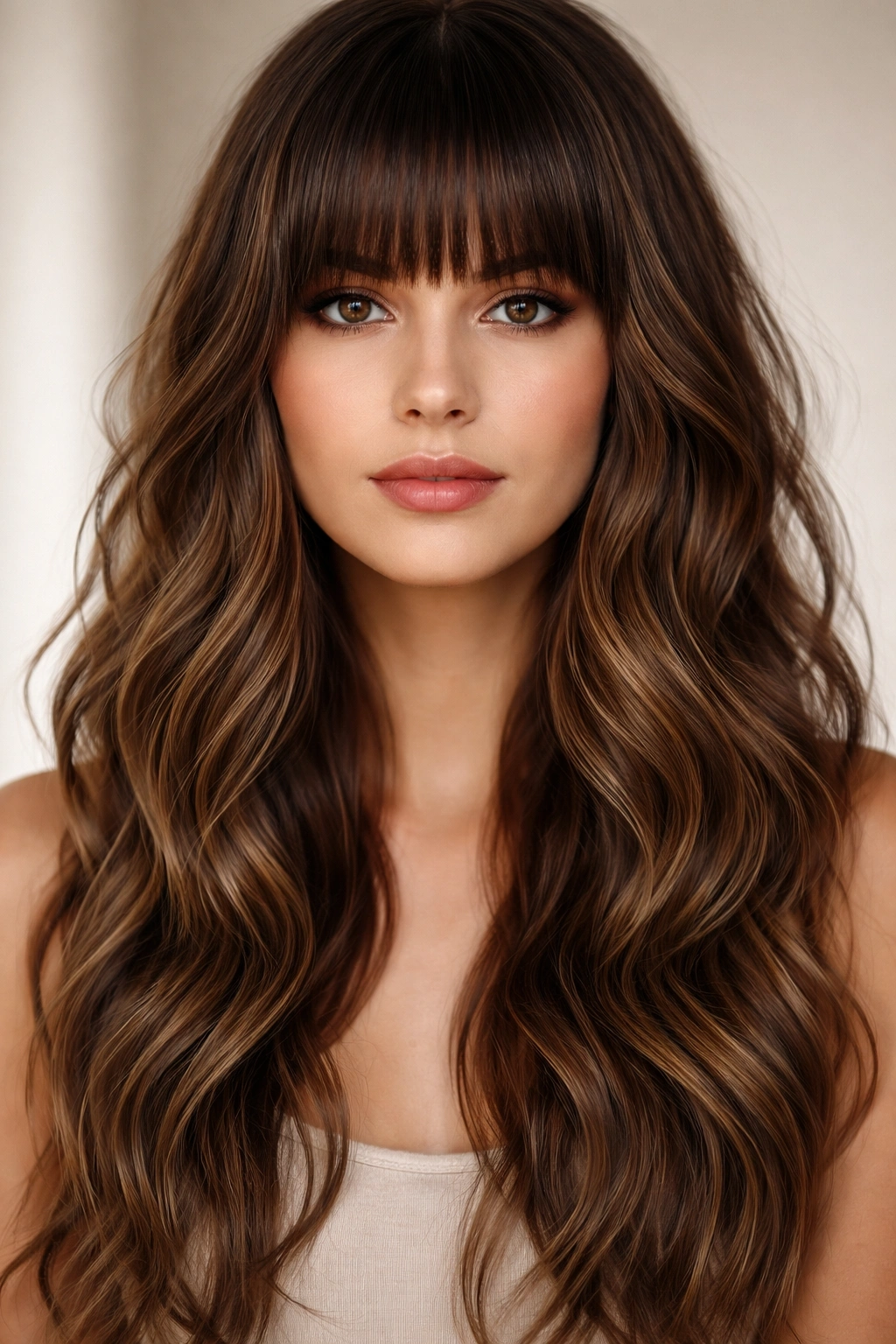 20 Long Face Haircuts Women Keep Requesting 7 Close-up of dense blunt bangs with textured waves adding width