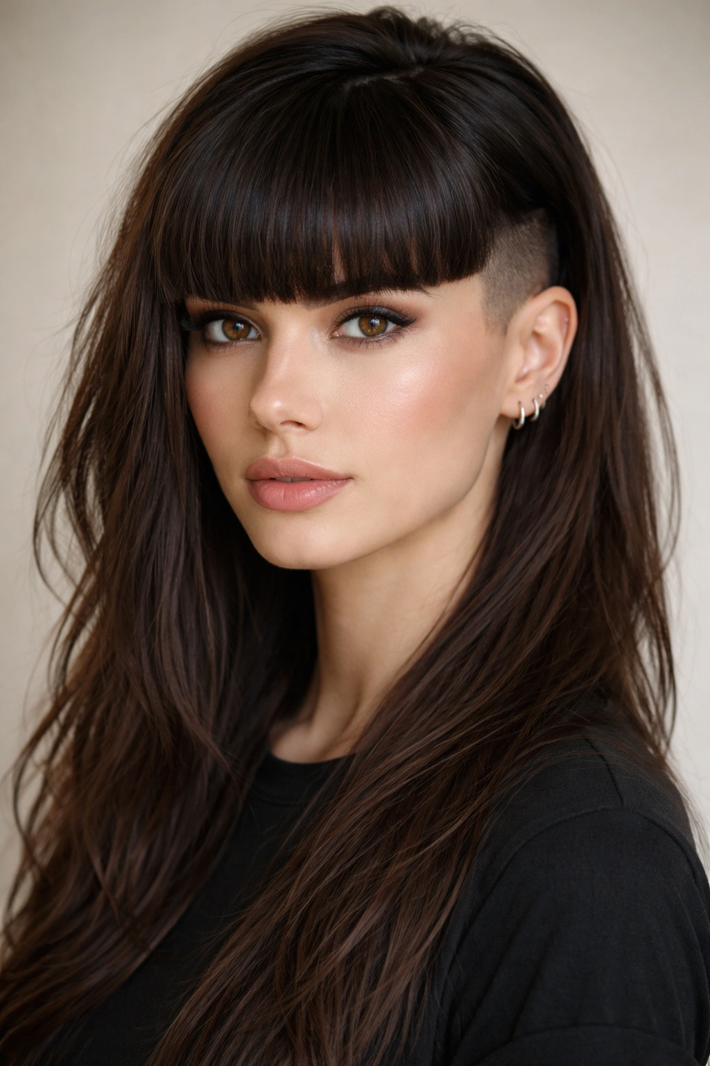 12 Hairstyles With Bangs That Suit Long Faces 11 Portrait of a person with thick bangs and undercut sides
