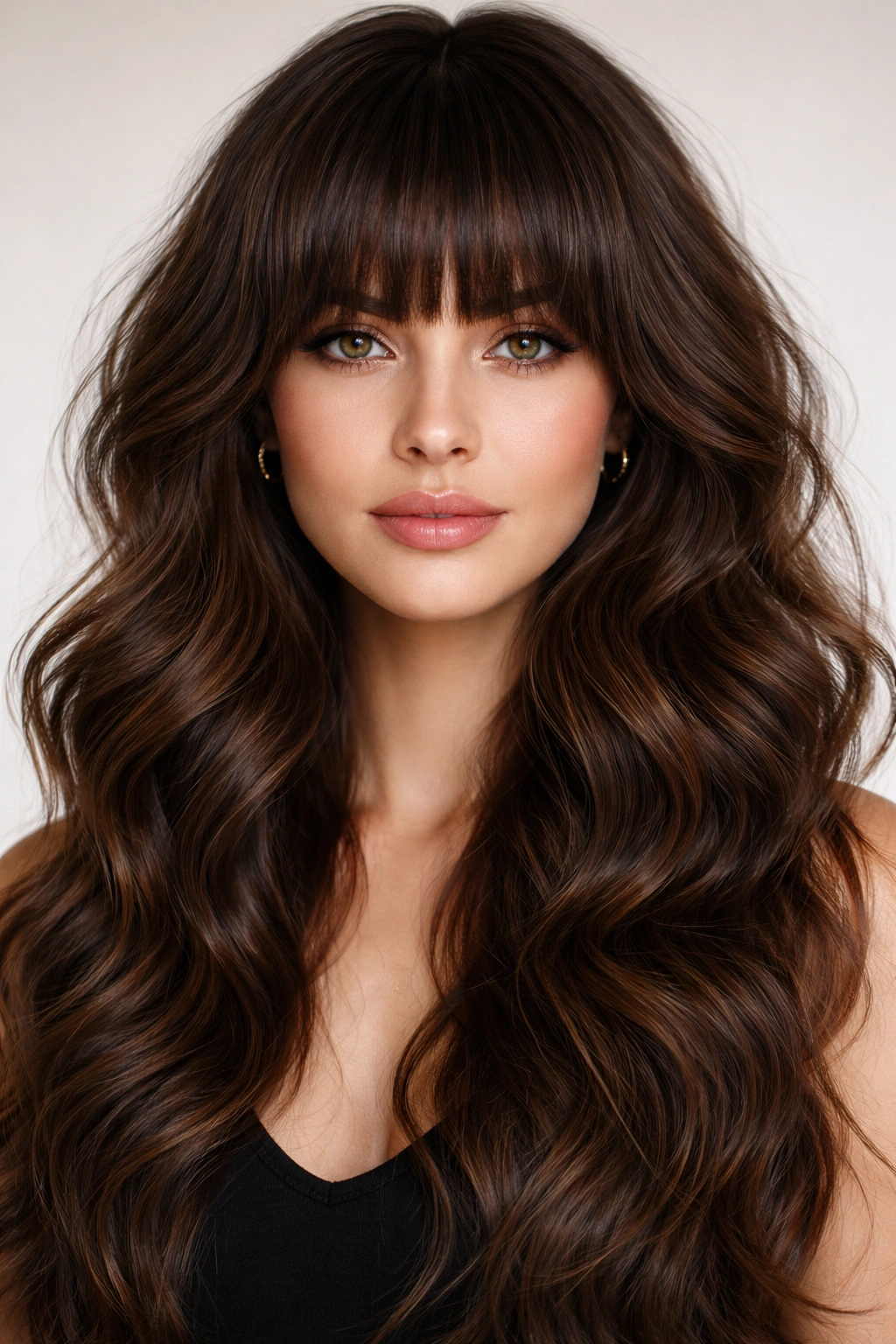 Portrait of thick bangs with wavy hair framing the face