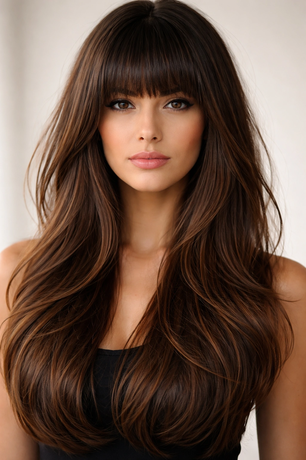 25 Long Haircuts For Women With Every Hair Type 12 Portrait of thick blunt bangs with long layered hair