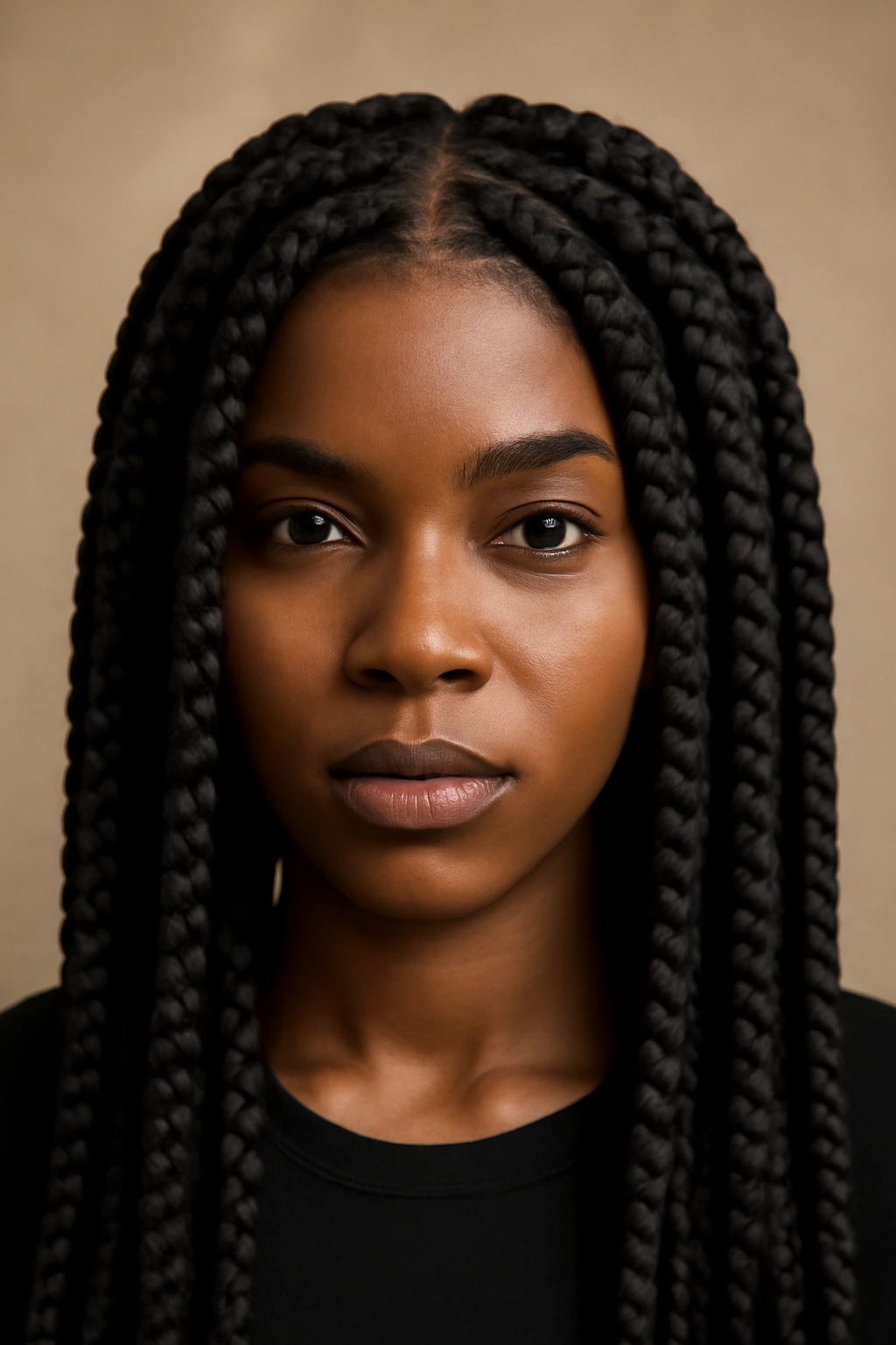 Close-up portrait of thick chunky box braids on a model's head