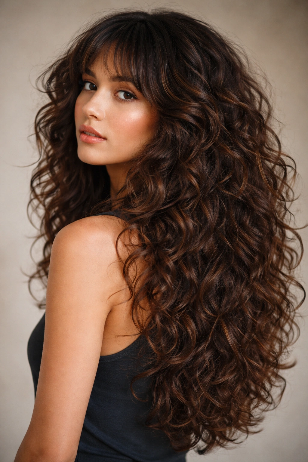 Model with long layered shag on thick curly hair showing length and dimensional layers.