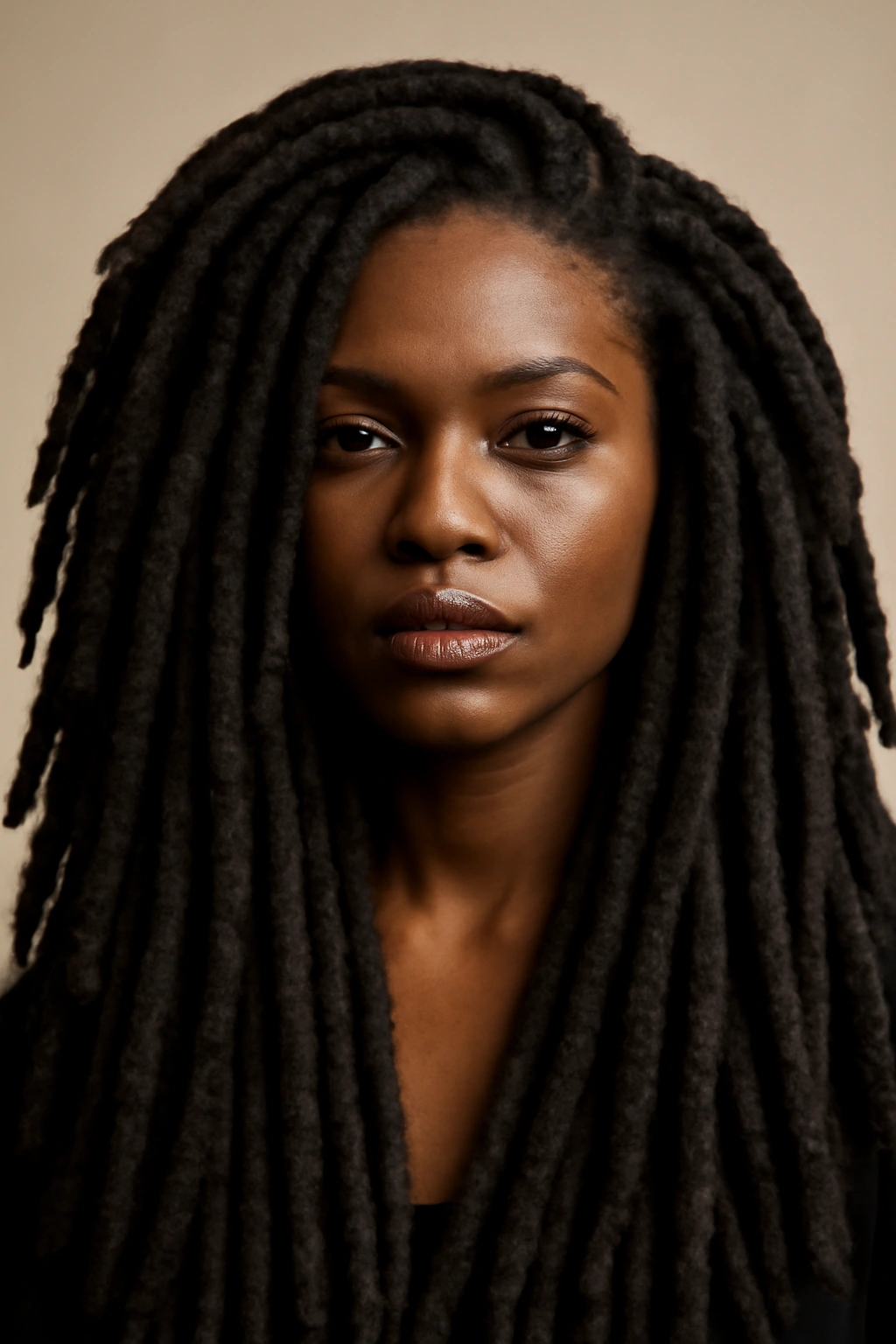 12 Faux Loc Styles That Are Worth Bookmarking Now 7 Close-up of thick, voluminous faux locs in a studio portrait