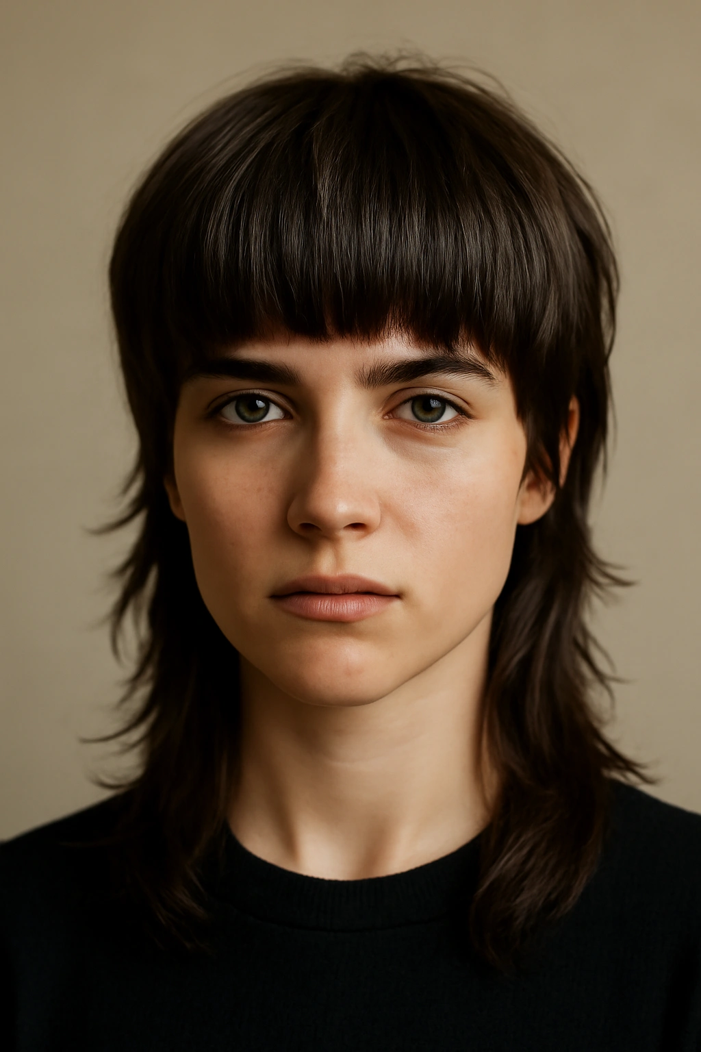 25 Mullet Haircuts for Women You'll Actually Love 18 Close-up of a mullet with a thick fringe across the forehead