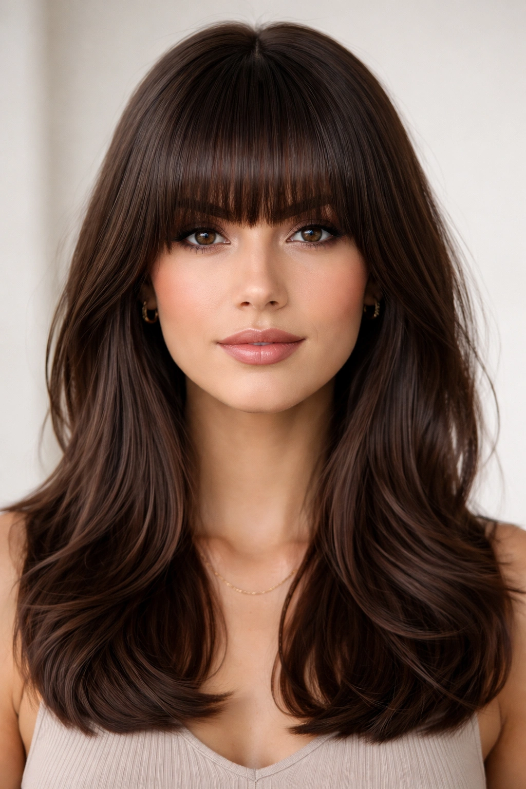 18 Bangs To Try With Medium Length Hair 16 Close-up of thick, full bangs across a forehead
