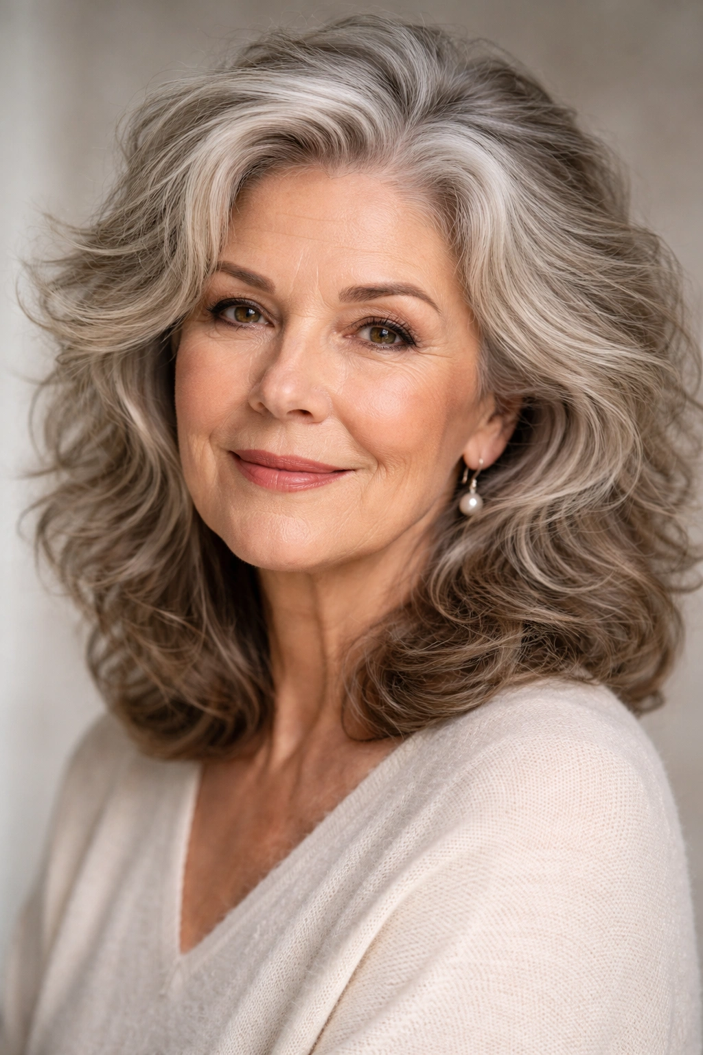 Senior woman with thick textured hair showing volume and natural frizz in studio portrait
