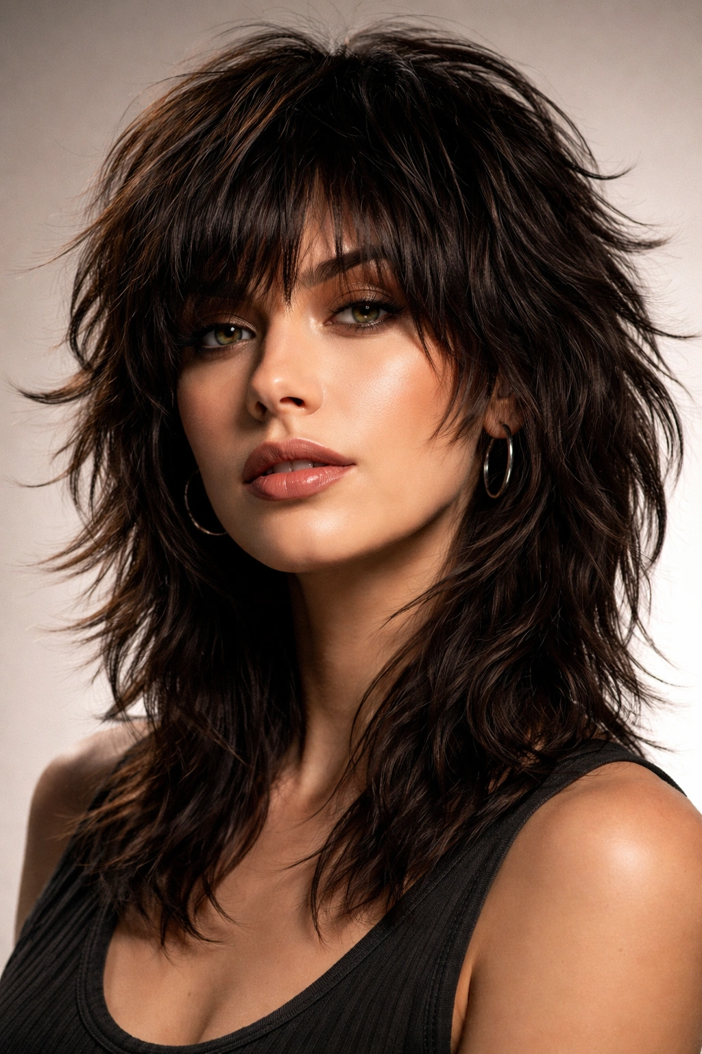 Close-up of a model with a choppy shag on thick hair showing piecey texture.