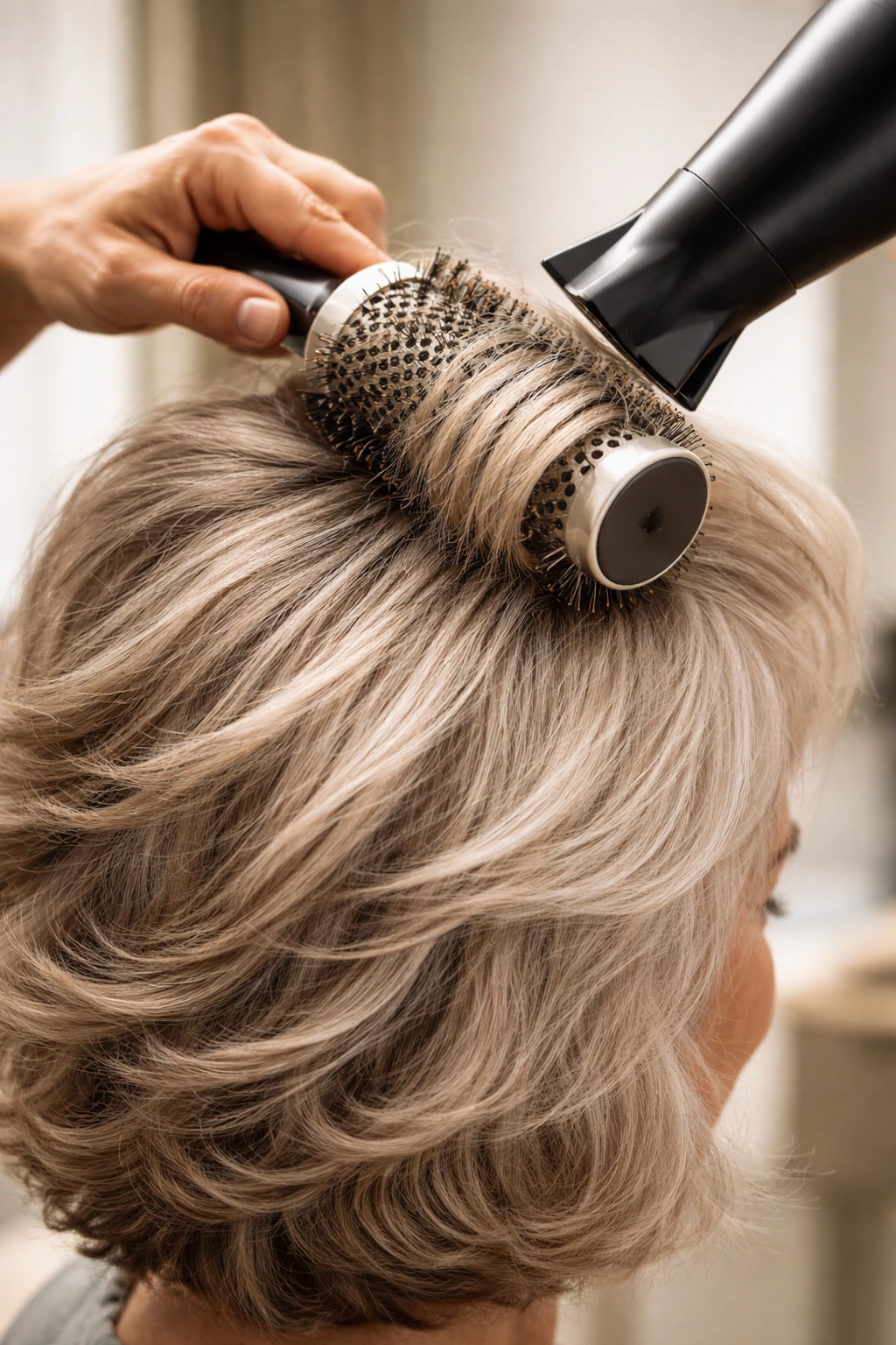 Hands styling thick hair with a round brush to add lift and texture