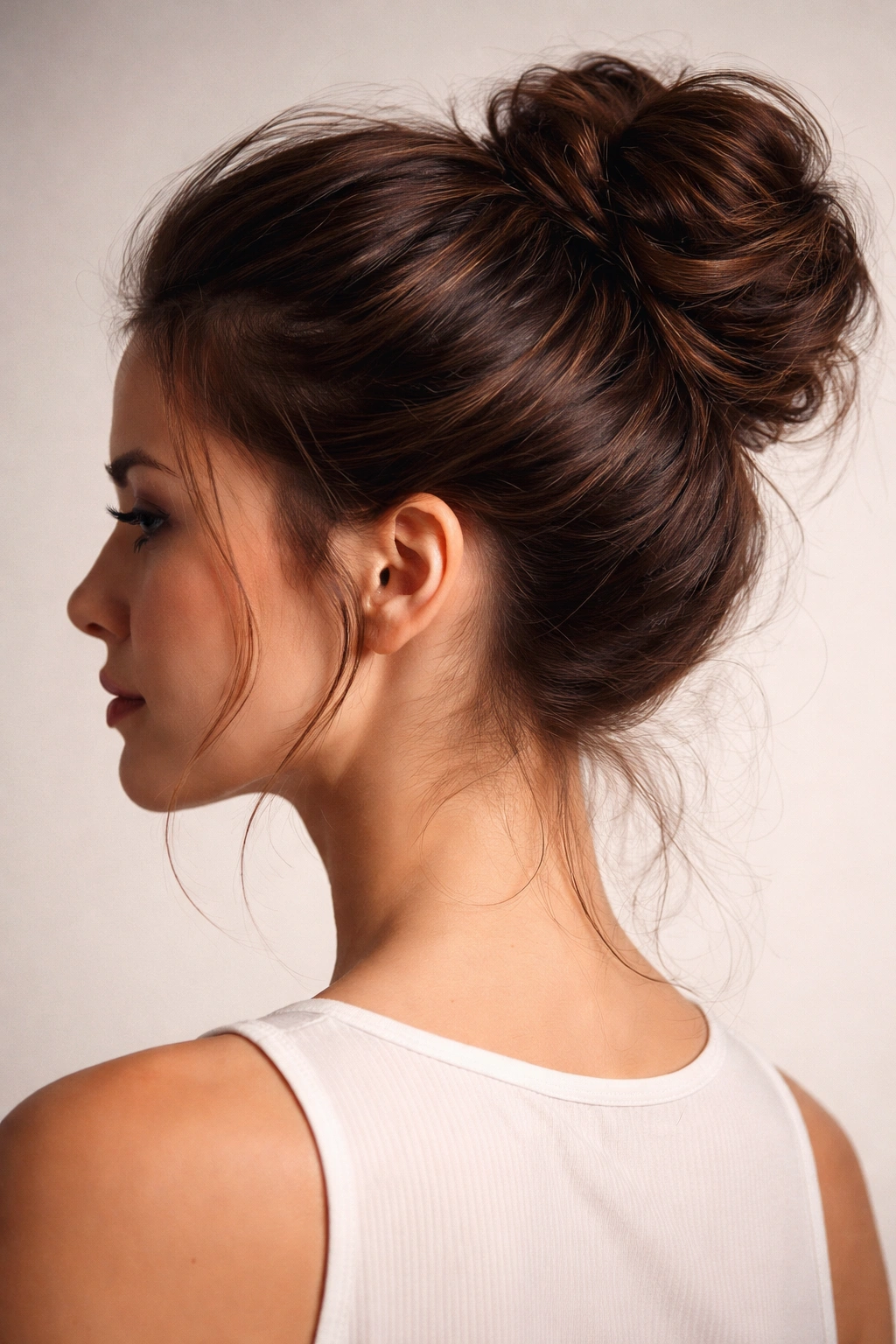 Close-up of thick textured hair styled in a secure updo.