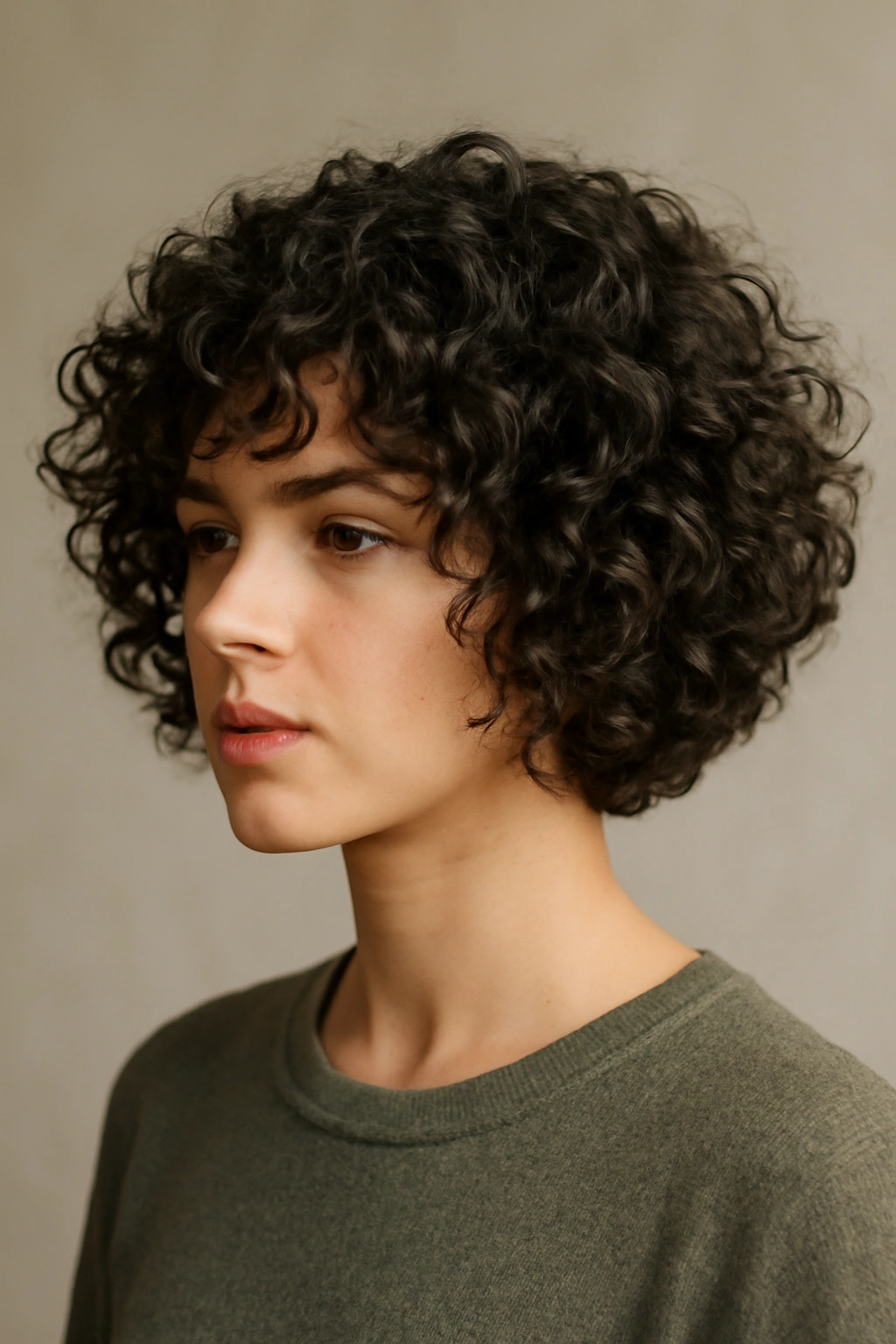 Portrait of a person with a thick, textured curly bob showing layered curls.