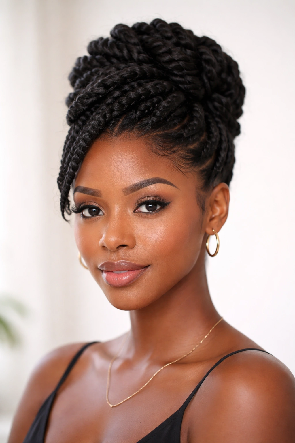 Portrait of a Black woman with a thick twist updo for short hair, in studio lighting