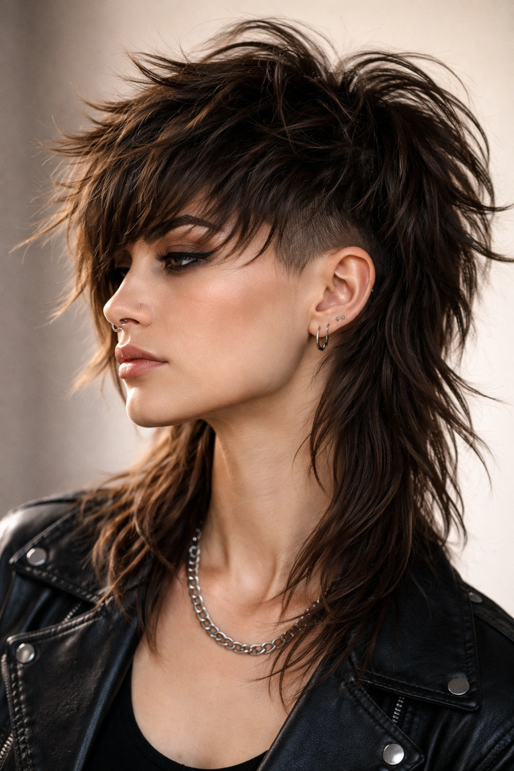 Model shows thick wolf cut with undercut, top textured and sides shaved.
