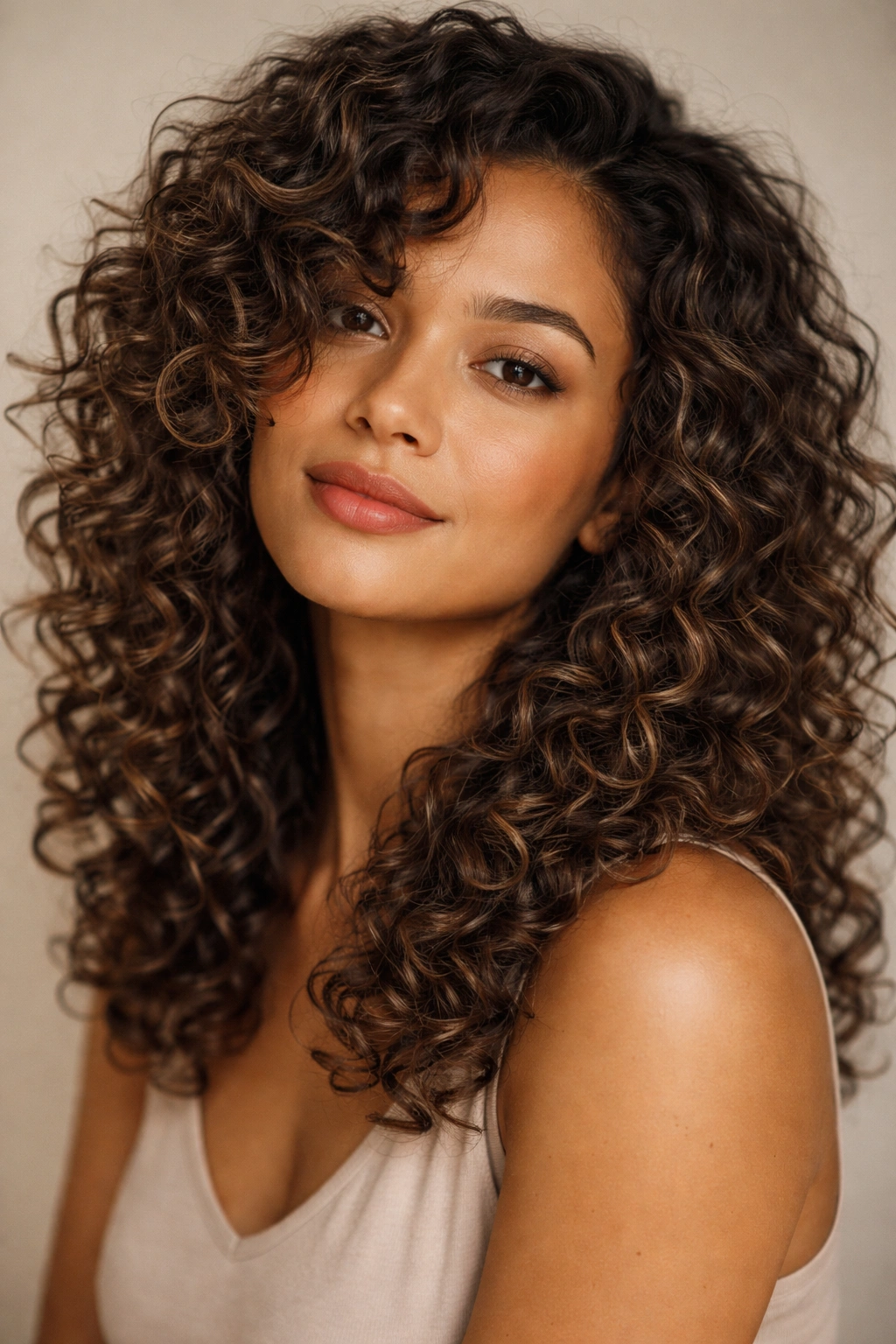 Close-up portrait of thick curly hair with defined spirals in a studio setting