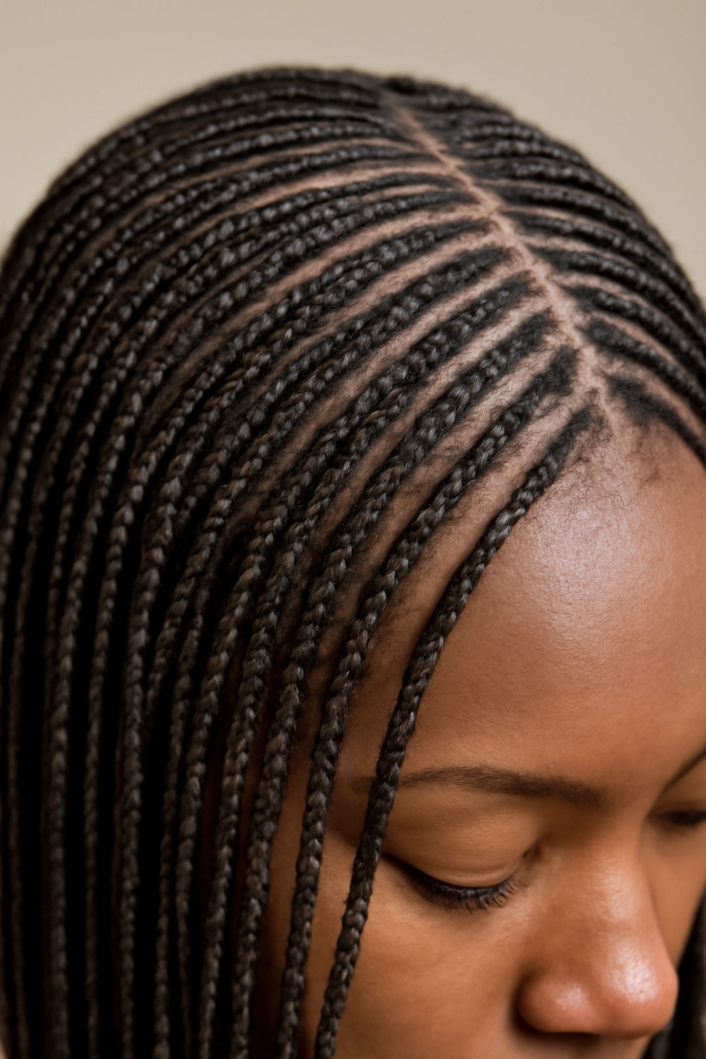 20 Box Braid Styles From Short Bobs to Waist Length 19 Close-up of thin pencil box braids across the scalp in studio lighting