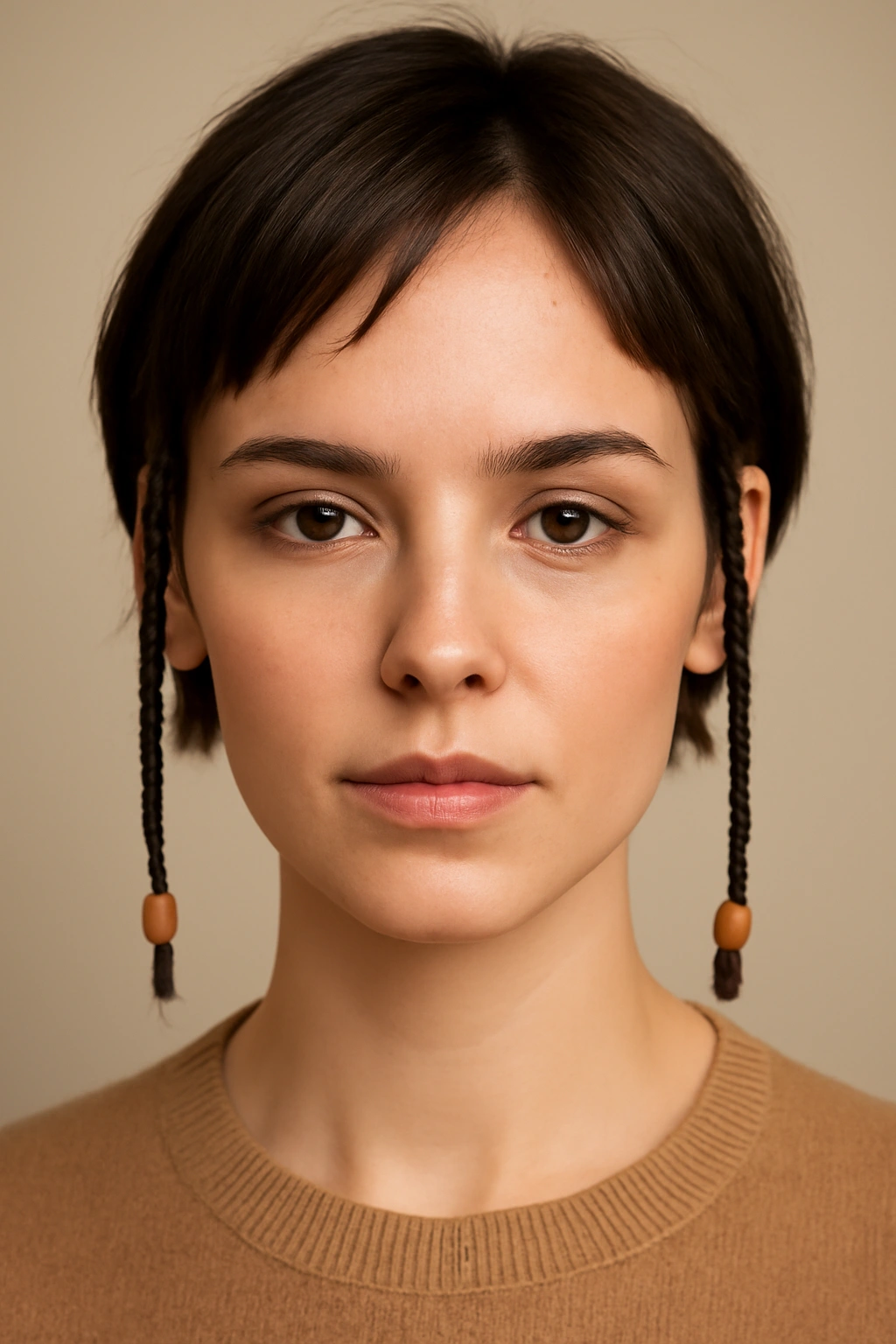 Two thin beaded braids on a short hairstyle
