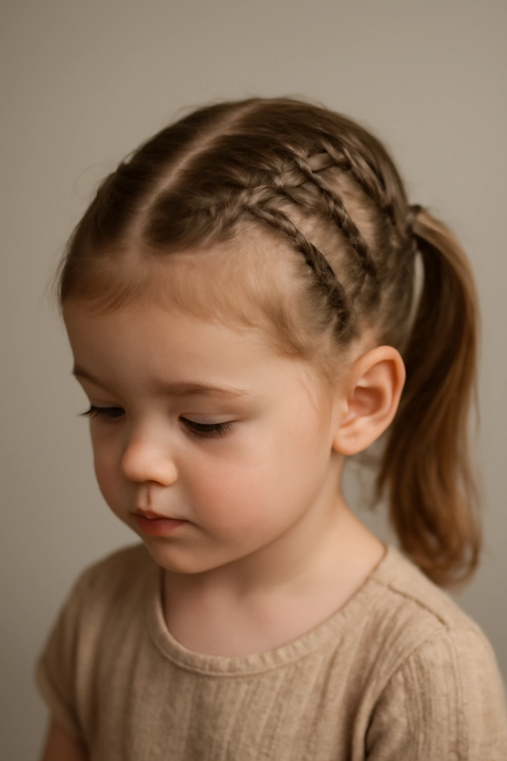 18 Braided Toddler Hairstyles That Won't Come Undone 6 Headshot of toddler with several thin braids forming a half-up pony