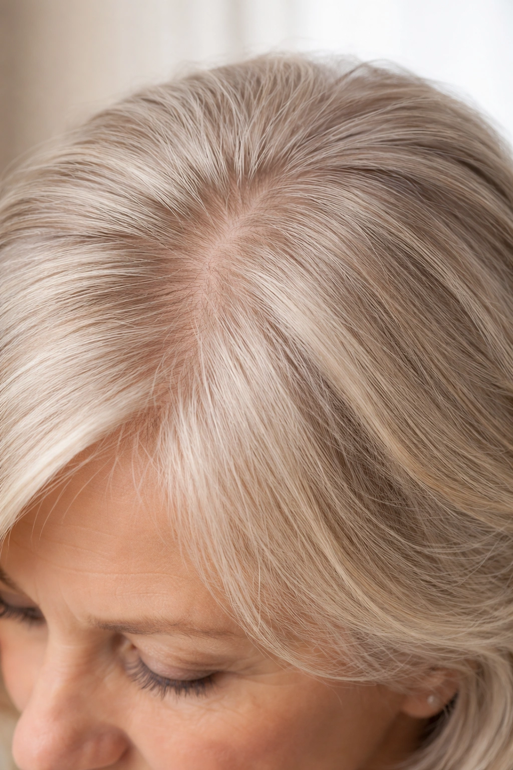Close-up of thinning crown hair on a mature woman