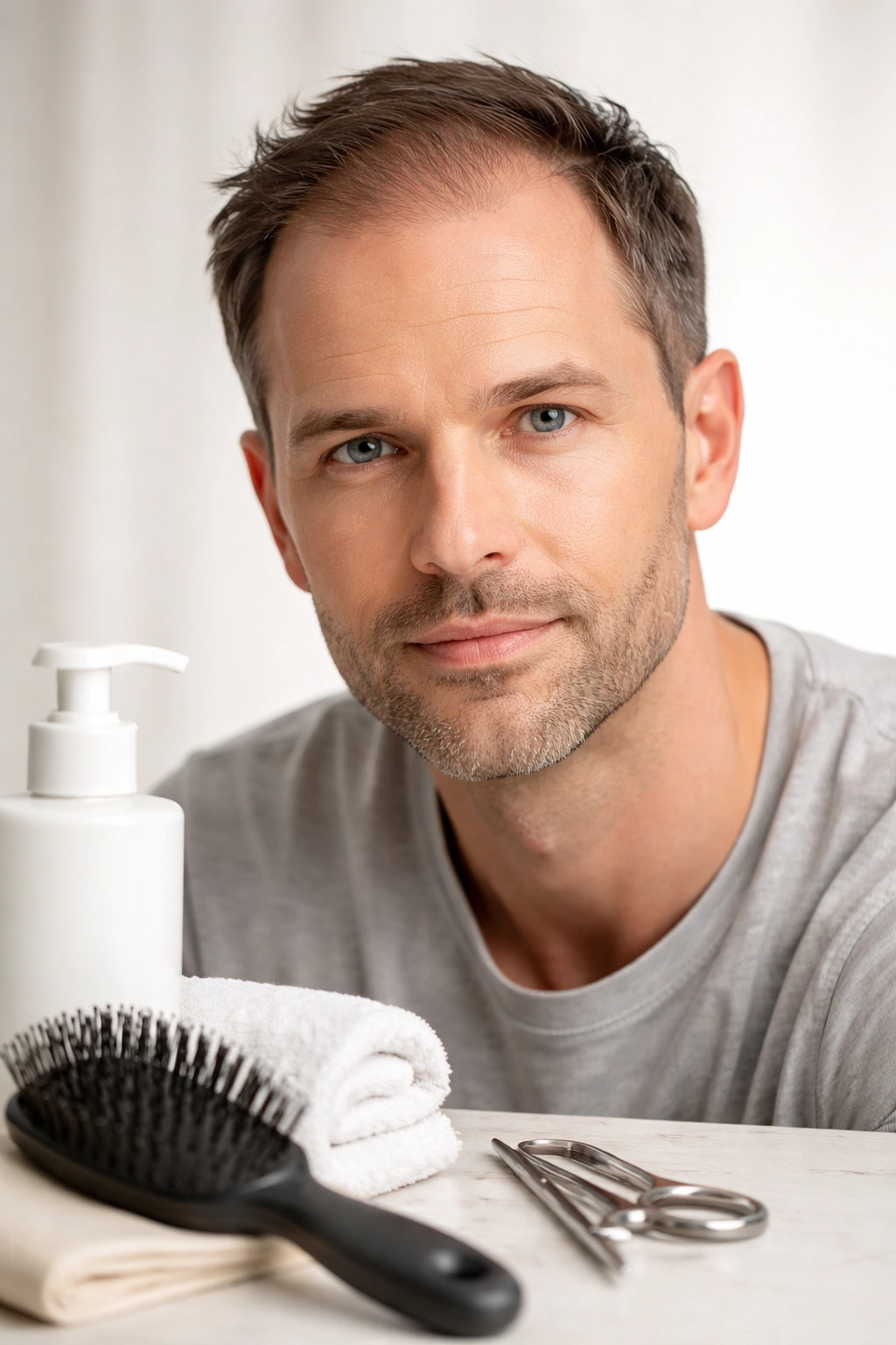 Male head with thinning hair styled for healthy scalp appearance.