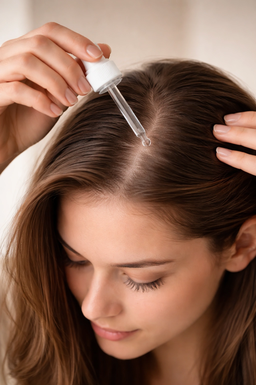 Hand applying topical treatment to a thinning scalp