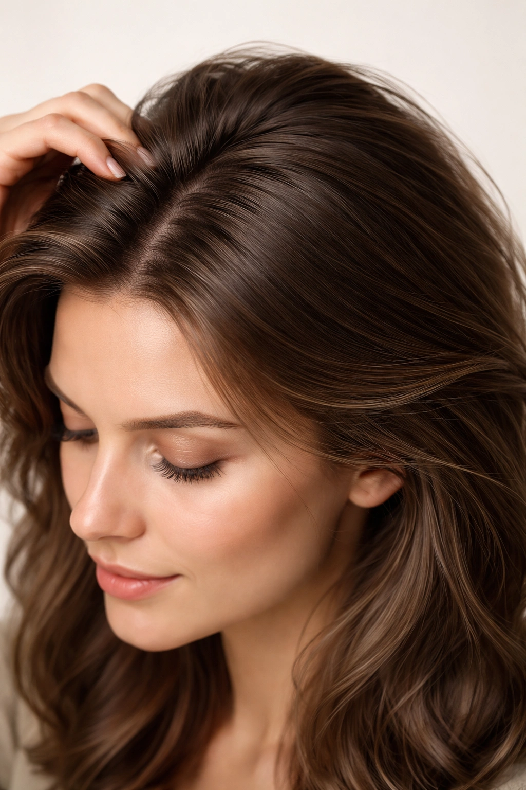 Close-up of fuller-looking hair through gentle styling