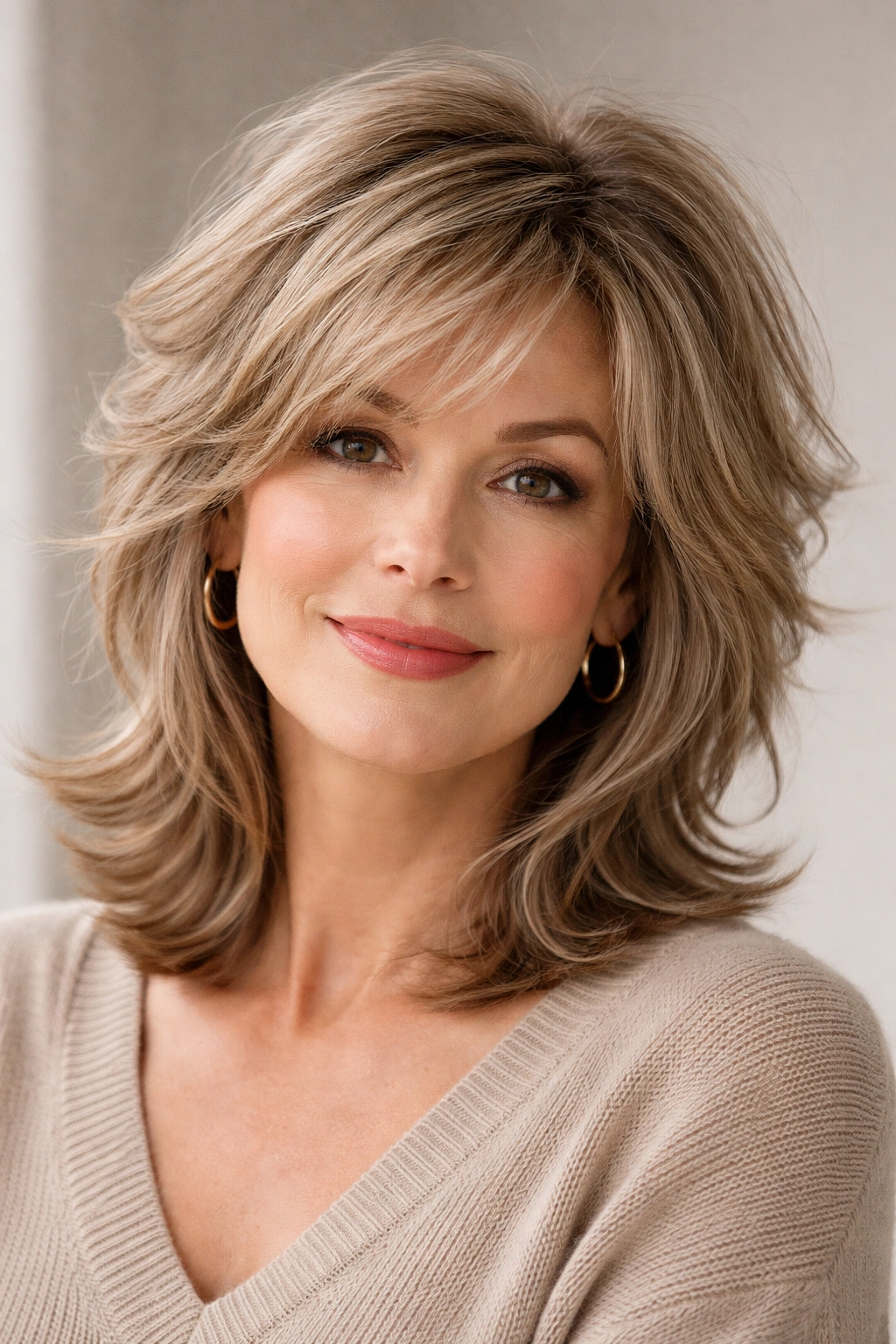 Close-up portrait of a person with thinning hair styled in textured layers for fullness