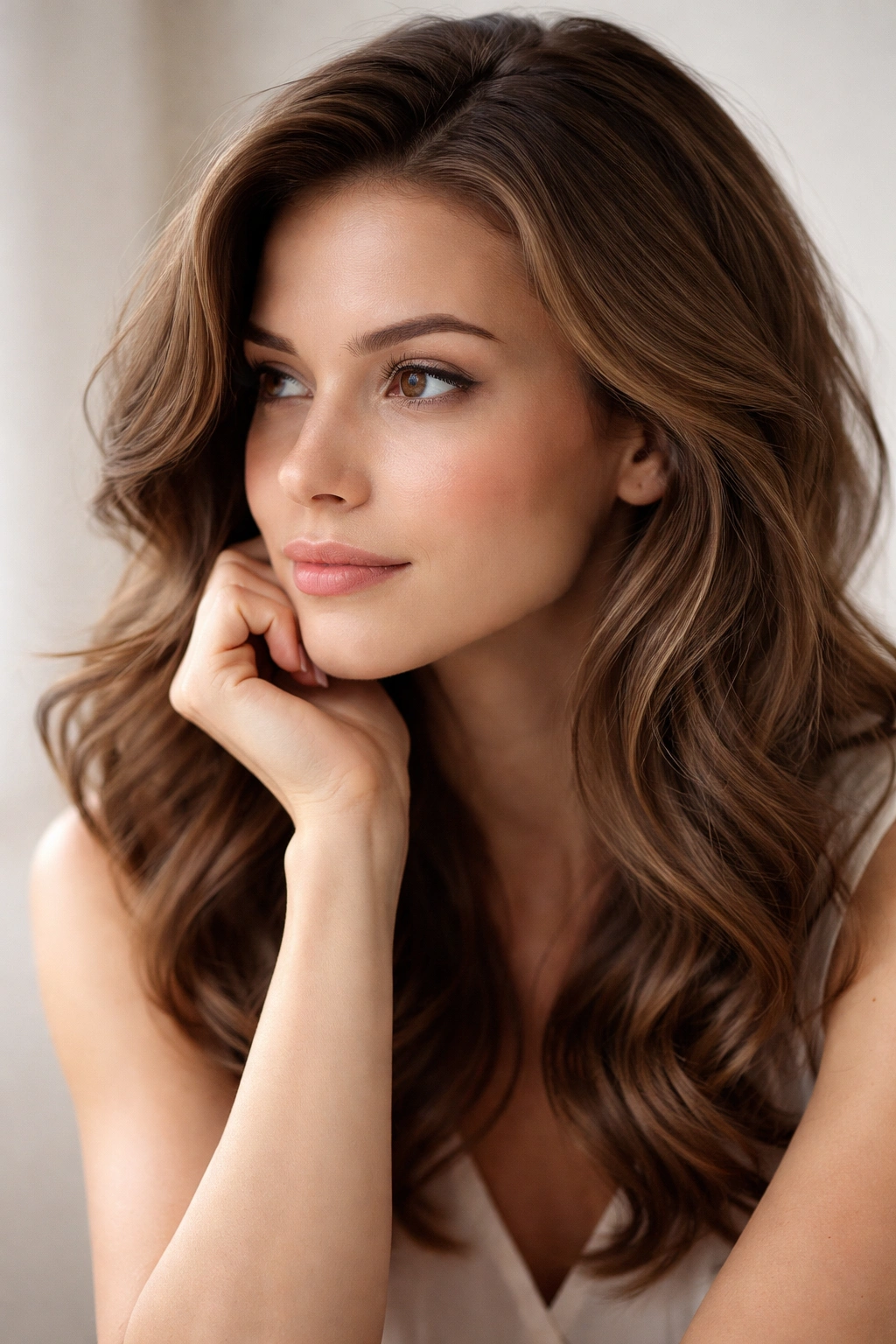 Thoughtful person with neat hair in a simple studio setting