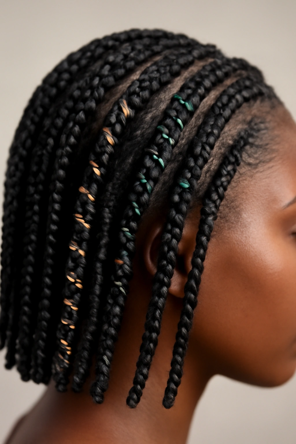 12 Short Box Braid Styles That Look Neat and Polished 4 Box braids with colored thread accents woven through few plaits