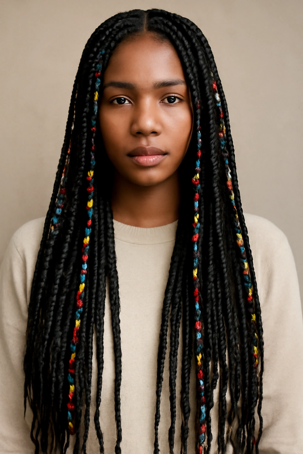 Hip-length box braids wrapped with colorful thread