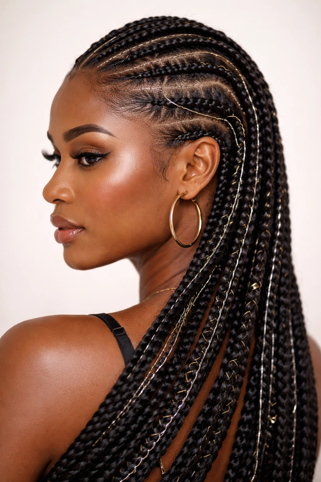 Close-up of threading braids with thread woven through the braids