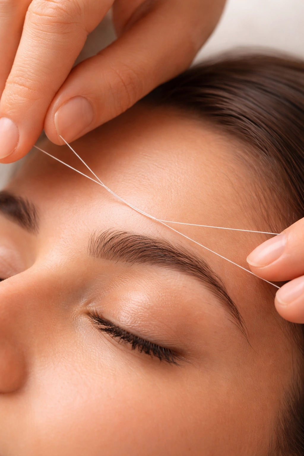 Close-up of facial threading with cotton threads shaping the eyebrows