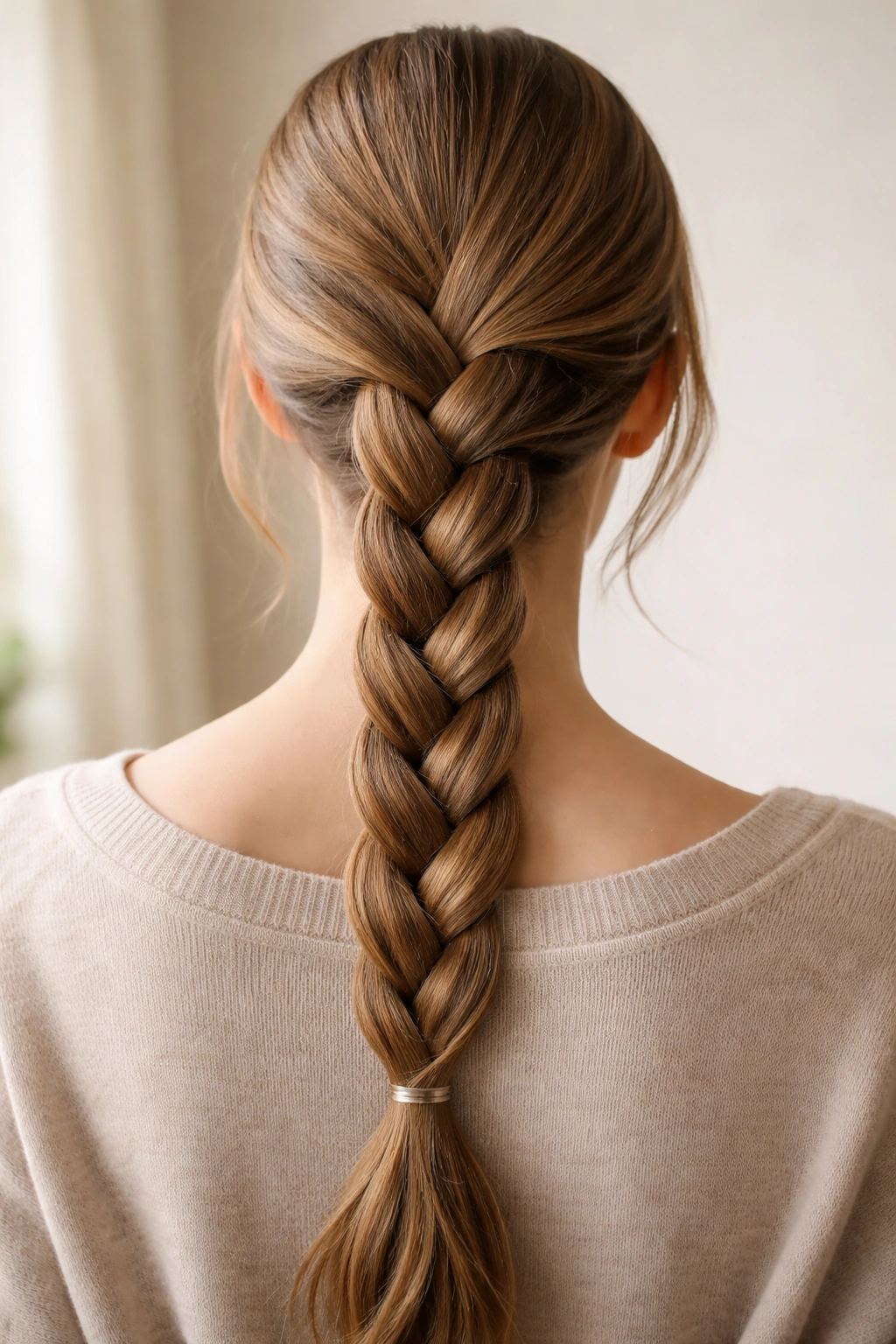 Close-up of a classic three-strand braid showing the over-under pattern on the back of a head