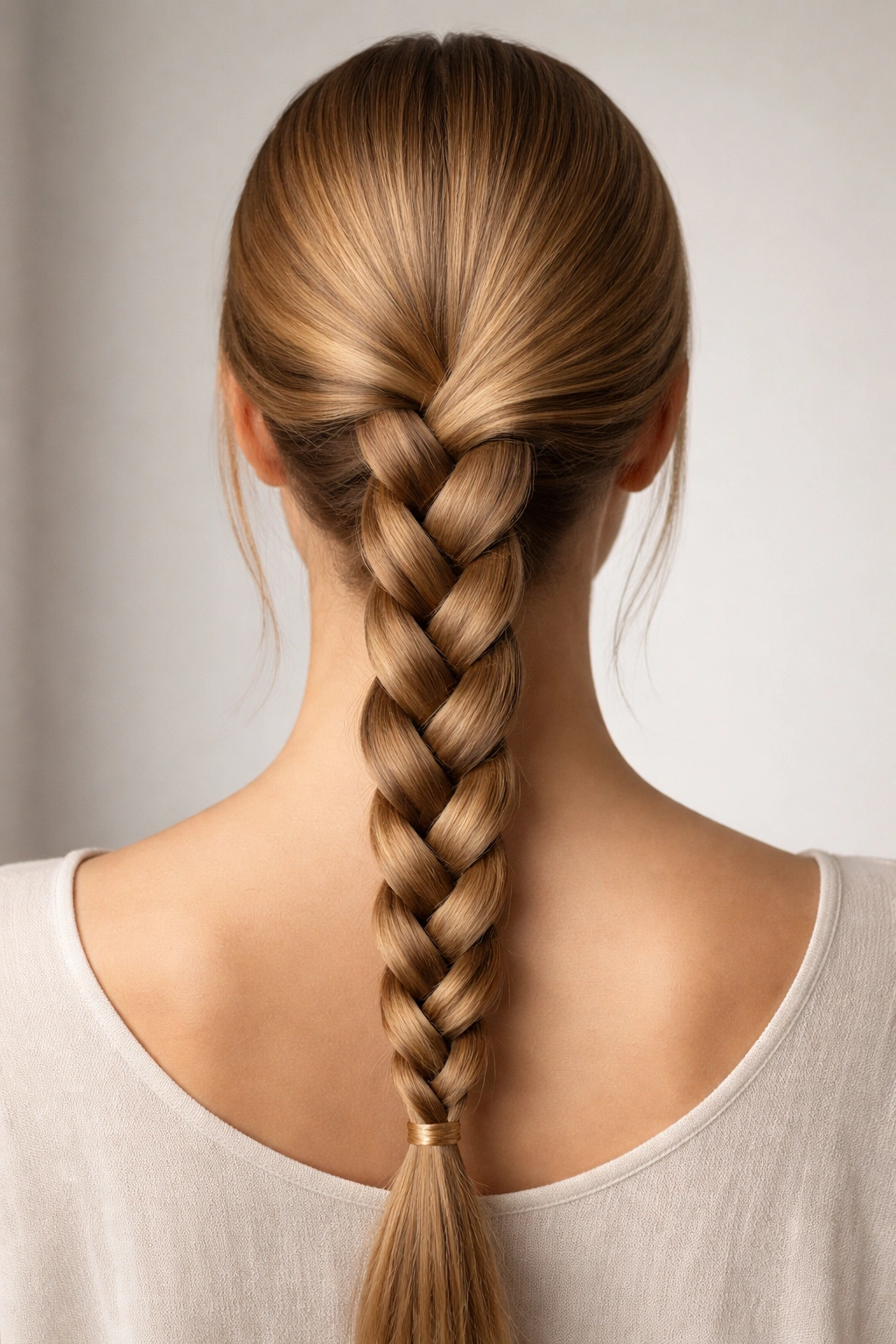 Close-up of a classic three-strand braid on smooth hair with neutral backdrop