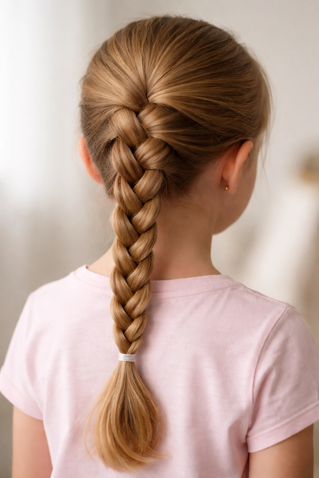 Close-up of a child’s head with a classic three-strand braid secured at the end